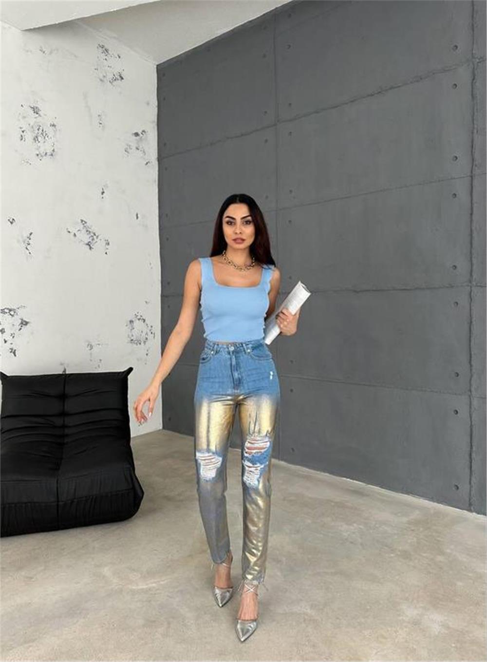 DİZ YIRTIK VARAKLI MOM KOT PANTOLON - Gold