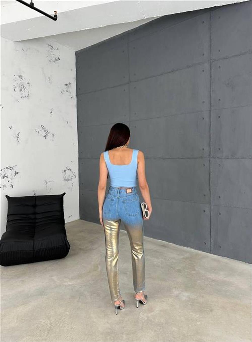 DİZ YIRTIK VARAKLI MOM KOT PANTOLON - Gold