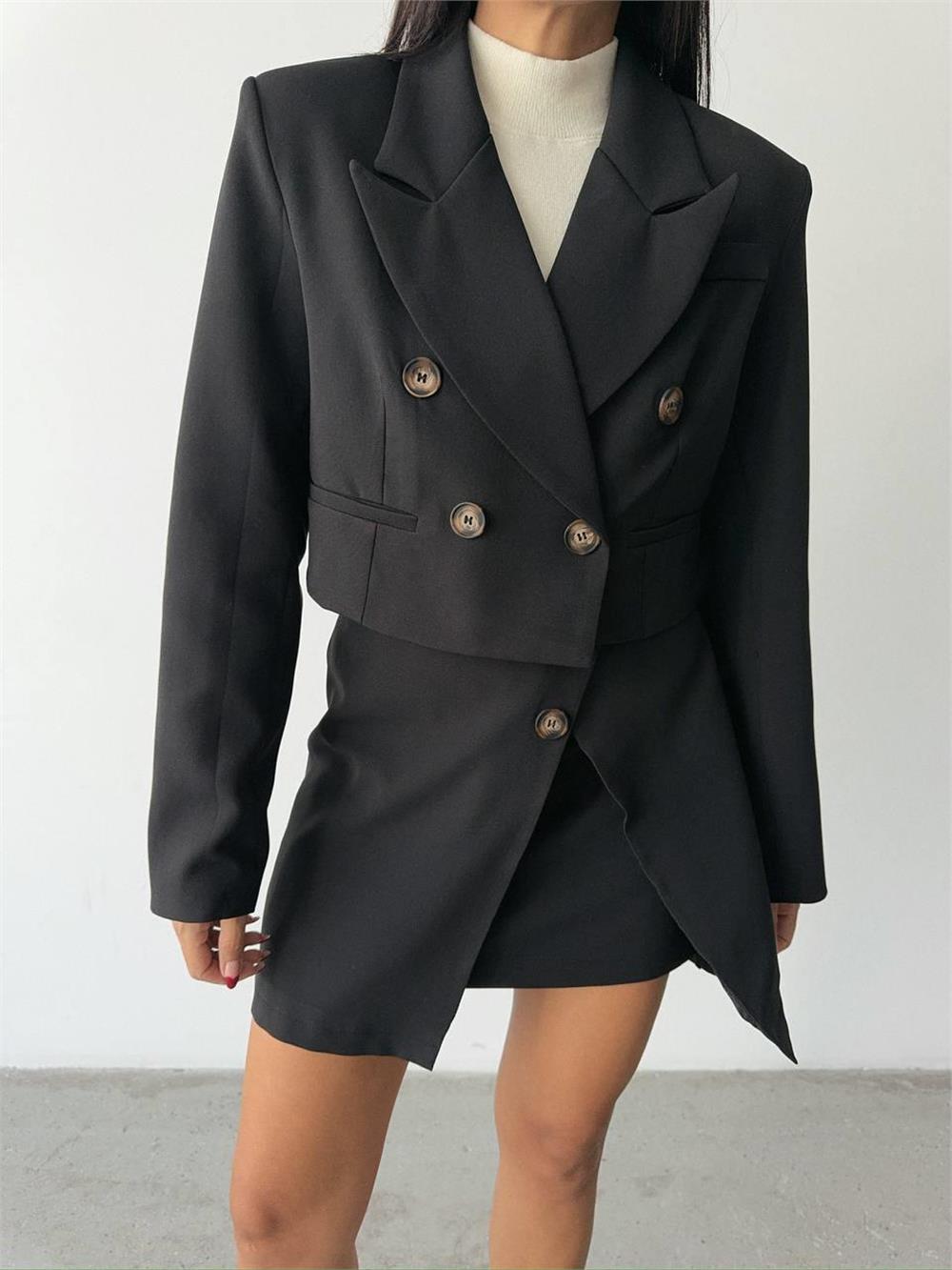 DÜĞME DETAYLI ETEK - CROP CEKET TAKIM - Siyah