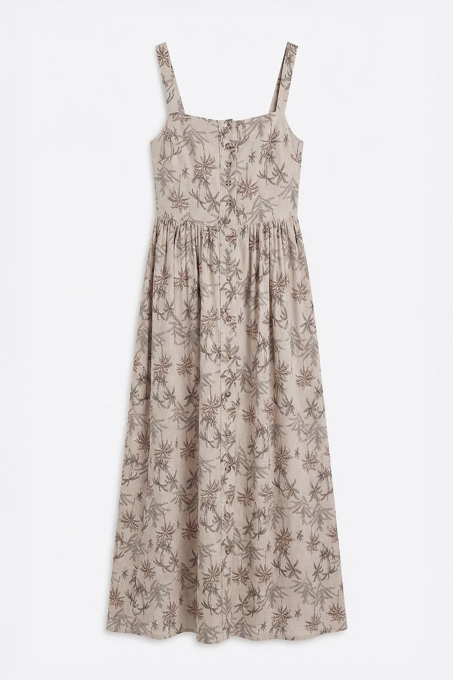 Buttoned Strappy Linen Blend Midi Dress