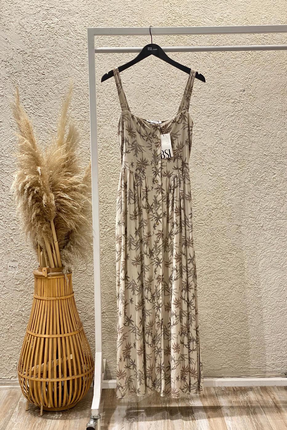 Buttoned Strappy Linen Blend Midi Dress