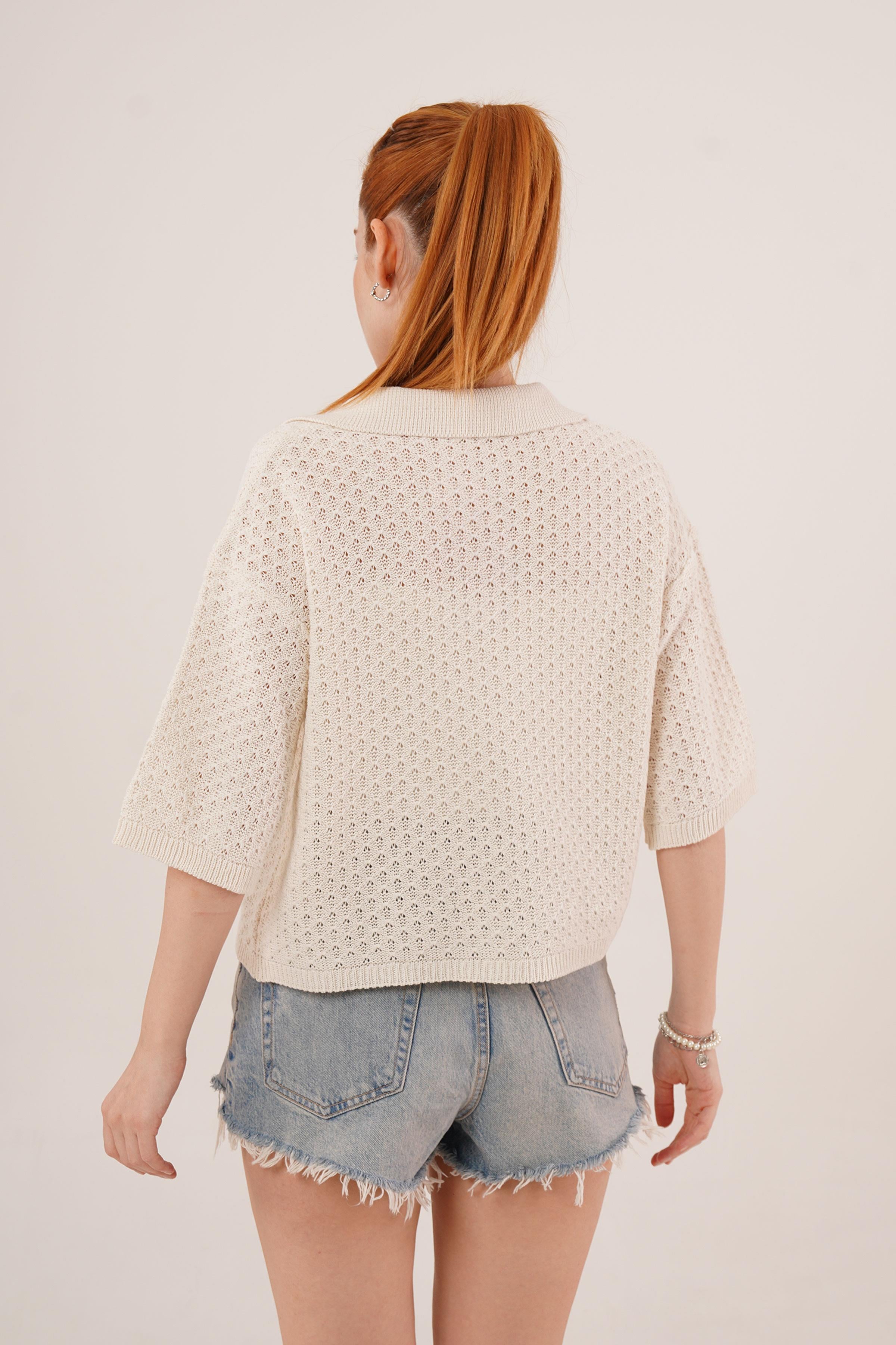 Düğmeli Yarım Kol Düşük Omuz Toptan Krem Hırka