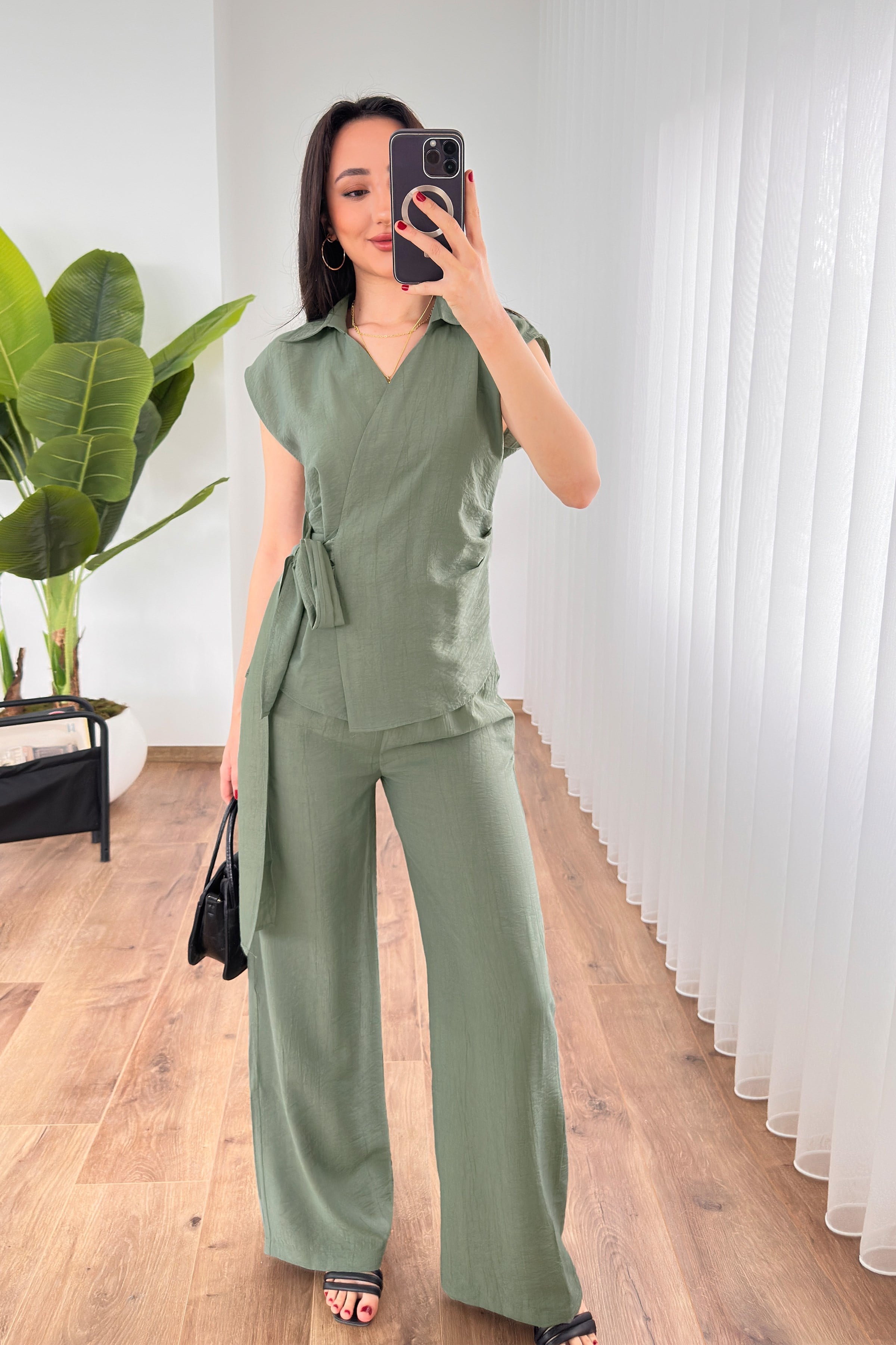 Beli Kuşak Bağlamalı Bluz Pantolon Toptan Haki Takım