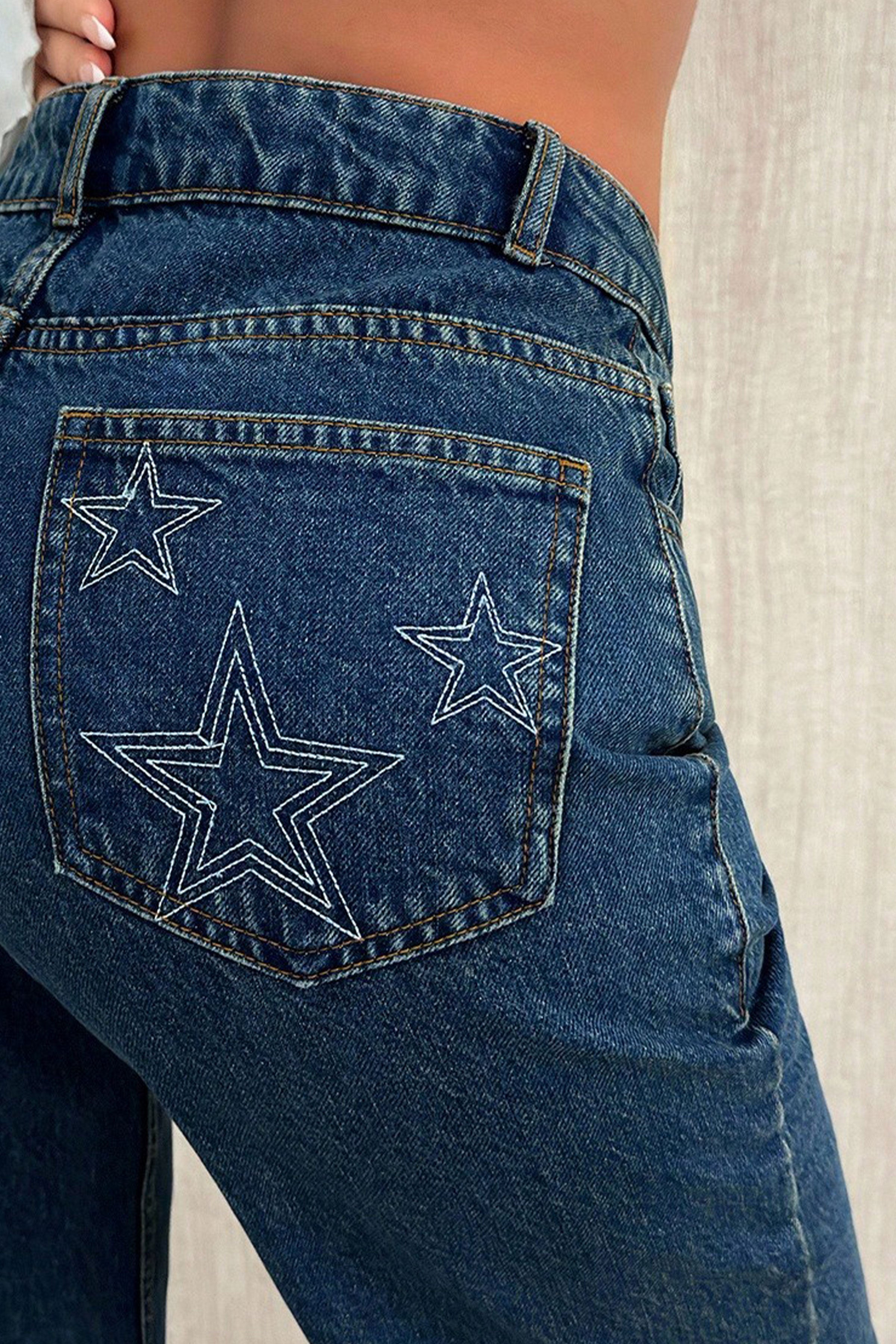 Yıldız Nakışlı Yüksek Bel Kadın Toptan Jean