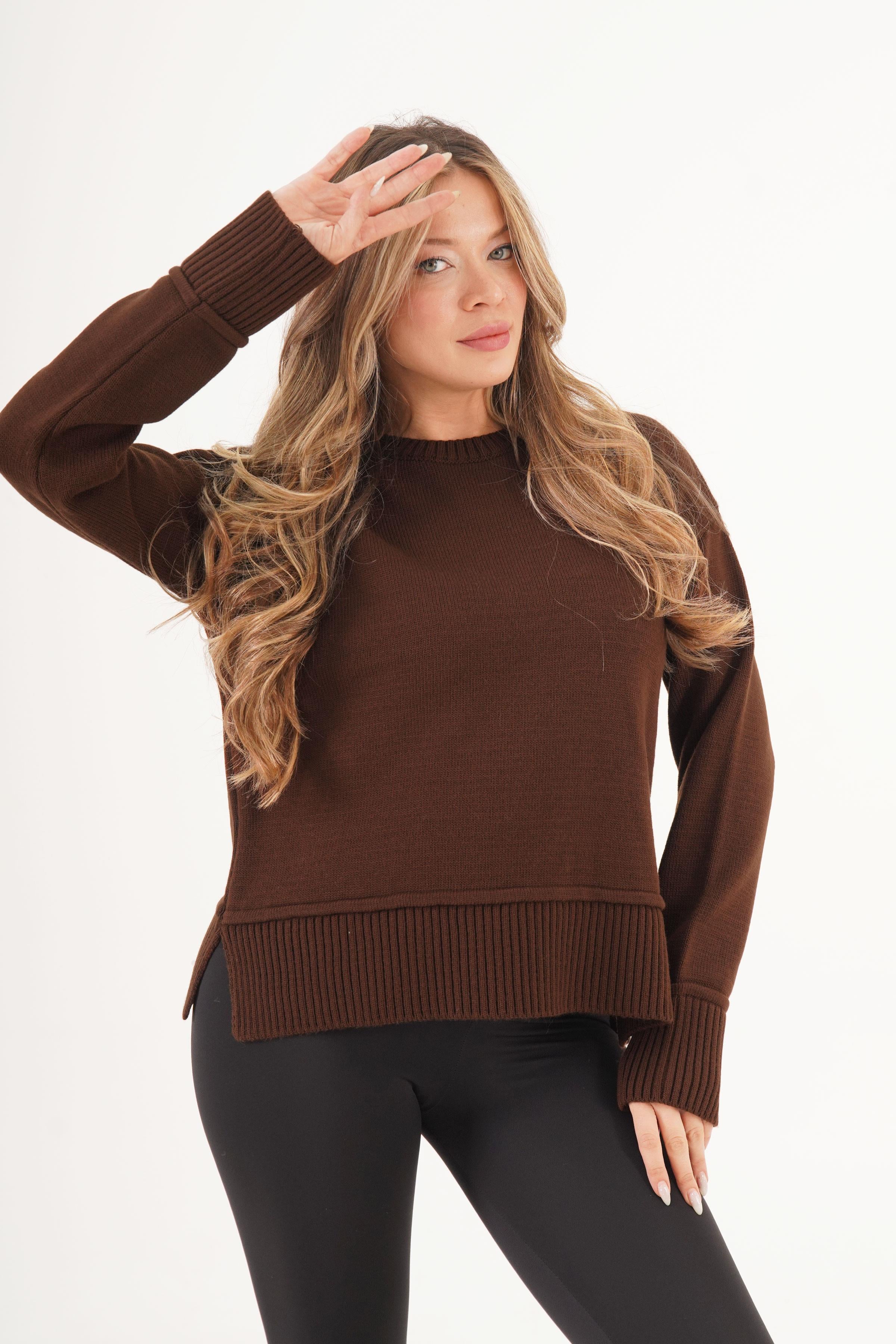 Ribana Detaylı Yırtmaçlı Toptan Kahve Kazak Kahverengi STD