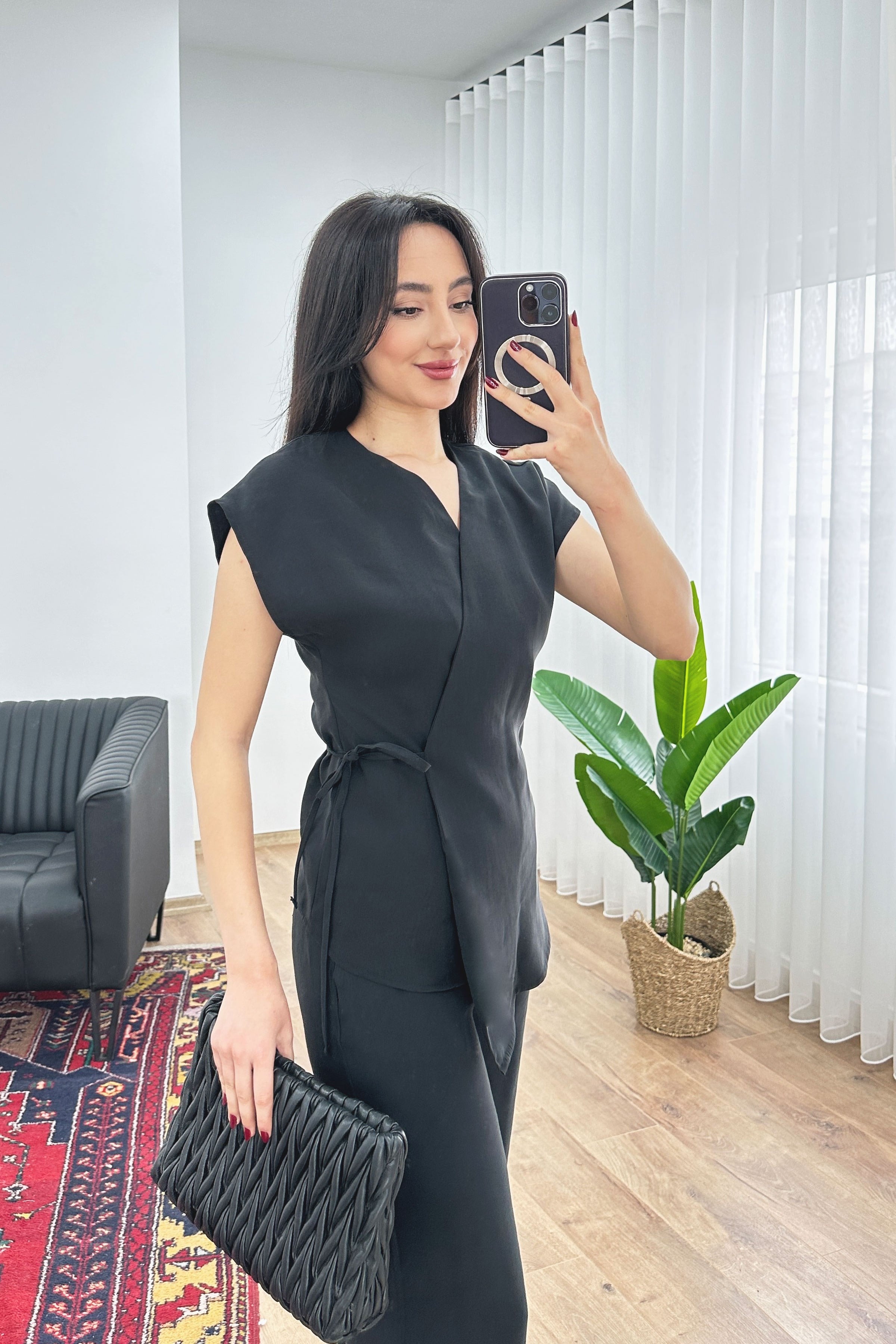 Modal Tek Düğme Kapamalı Oversize Siyah Toptan Takım