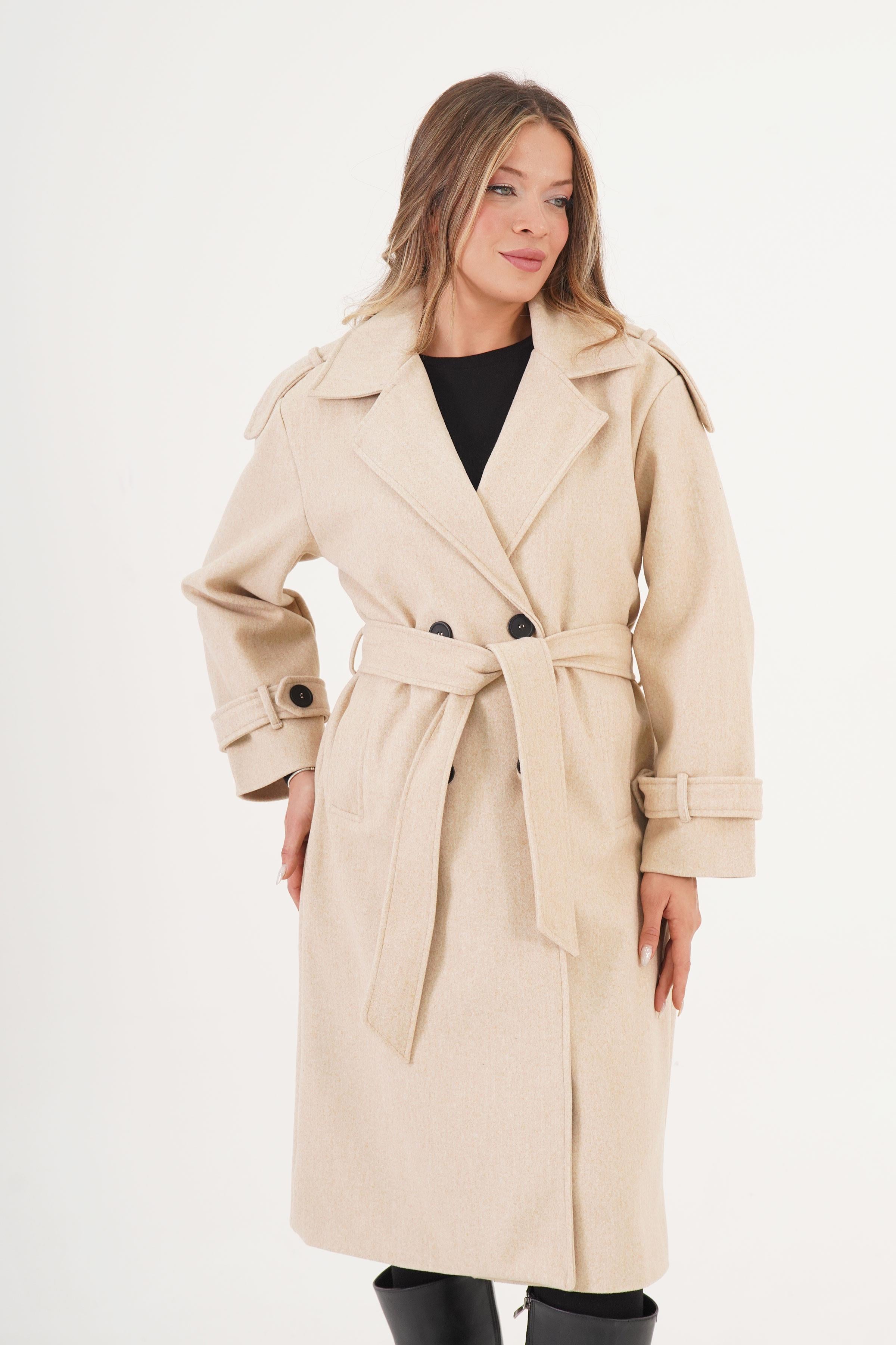 Apolet Detaylı Kuşaklı Toptan Taş Kaşe Kaban