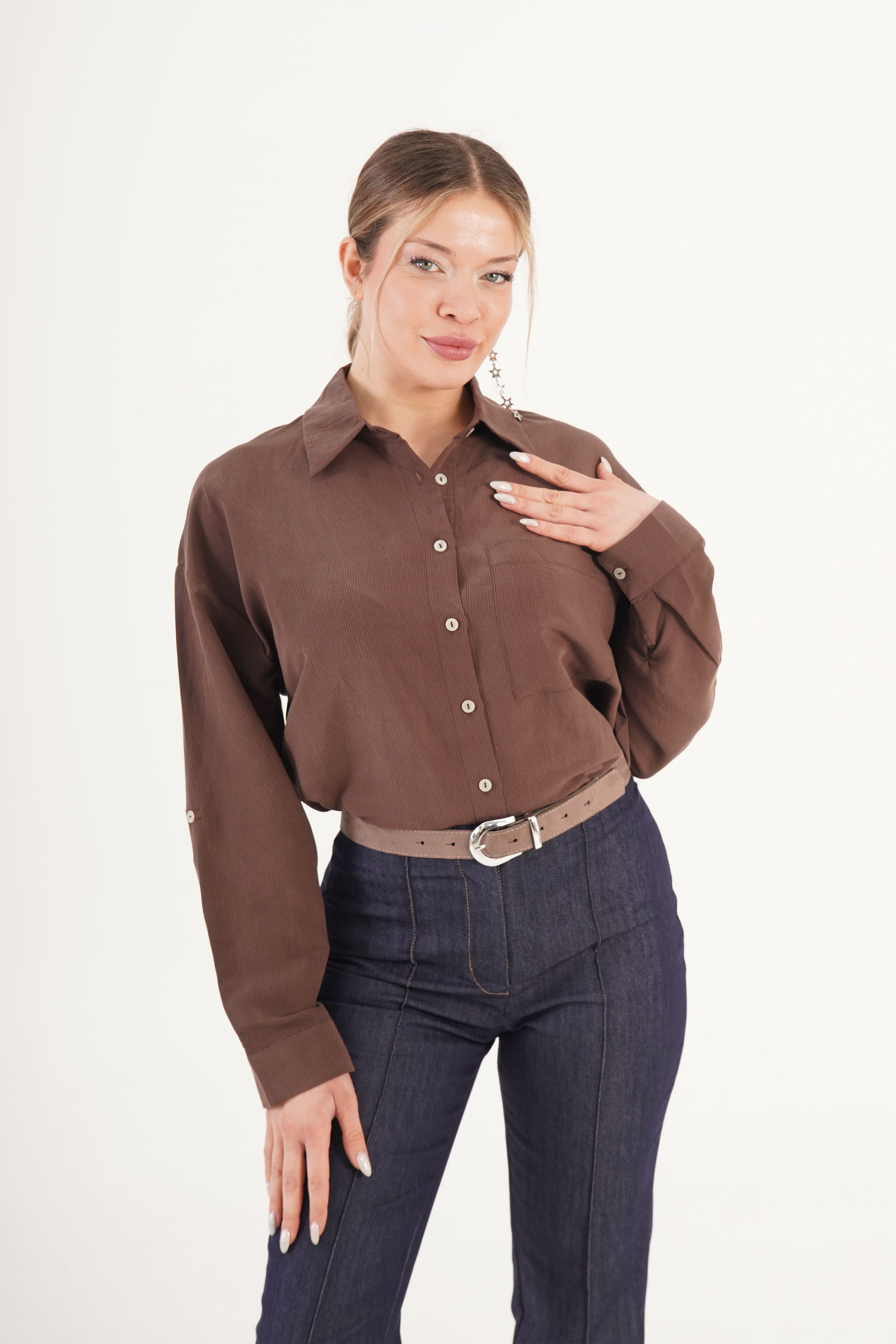 Minimal Soft Çizgili Kahve Toptan Gömlek Kahverengi S