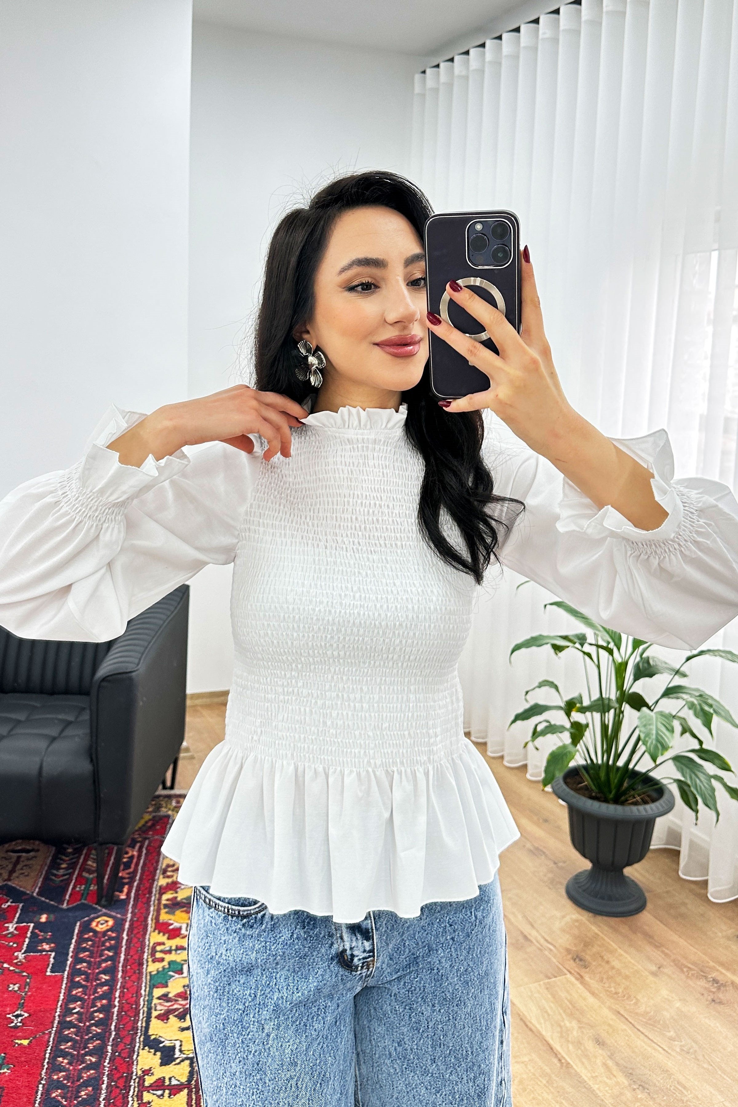 Komple Gipeli Dik Yaka Beyaz Toptan Bluz