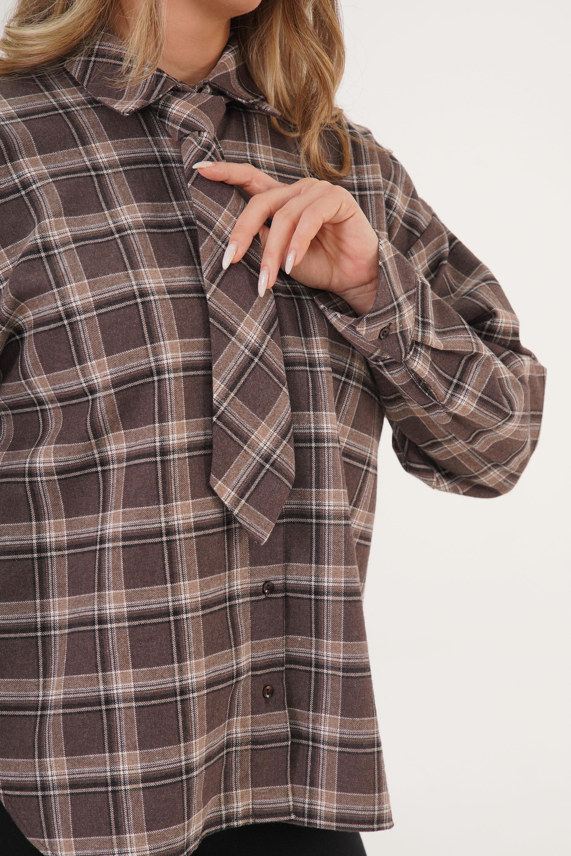 Ekoseli Kravatlı Toptan Kahve Gömlek