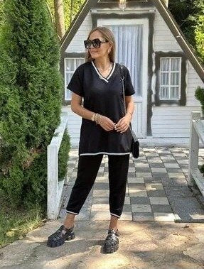 Kadın Kısa Kollu V Yakalı Iki Iplik Bluz Ve Pantolon Ikili Takım , 35789