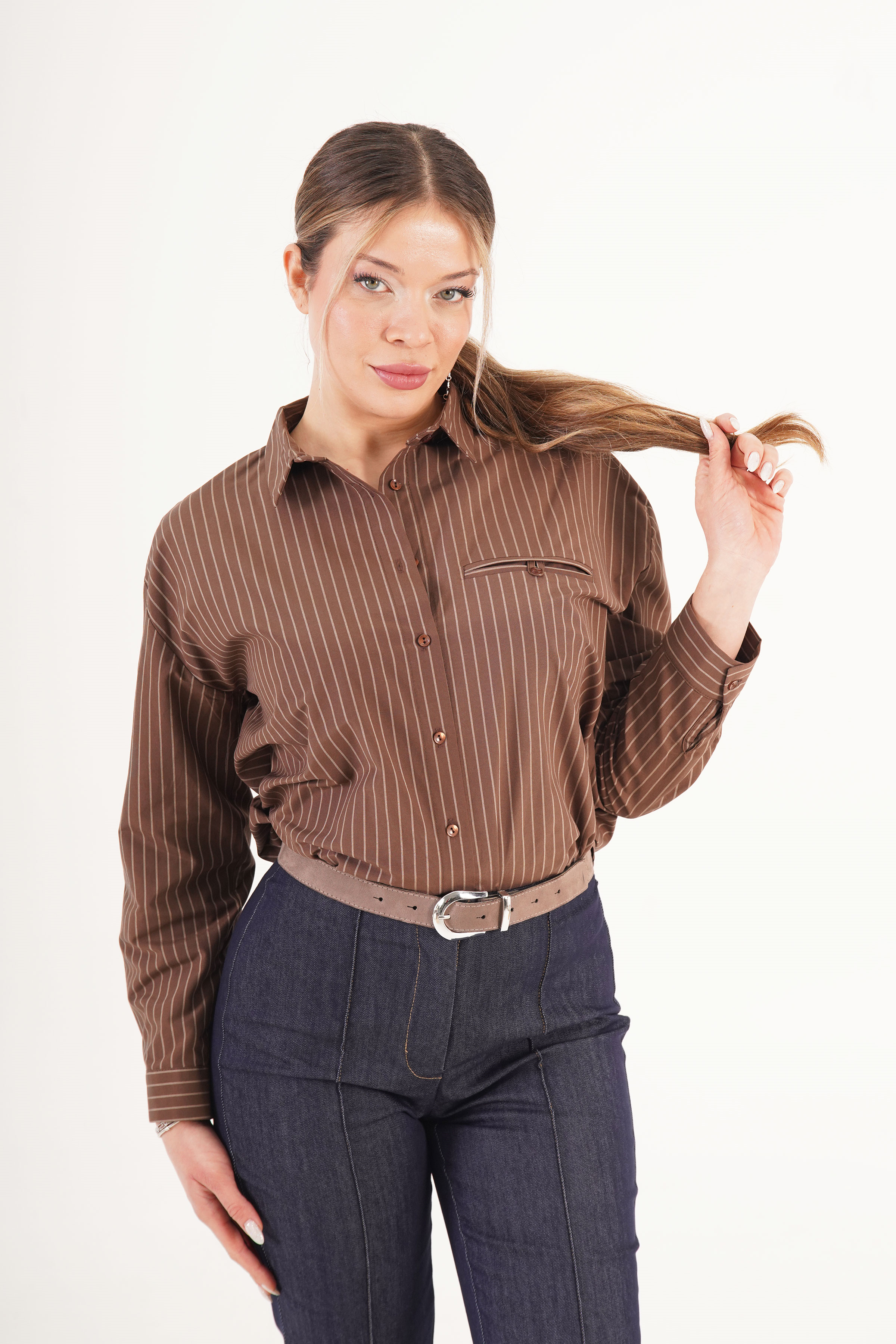 Kontrast Çizgili Kol Manşetli Kahve Toptan Gömlek