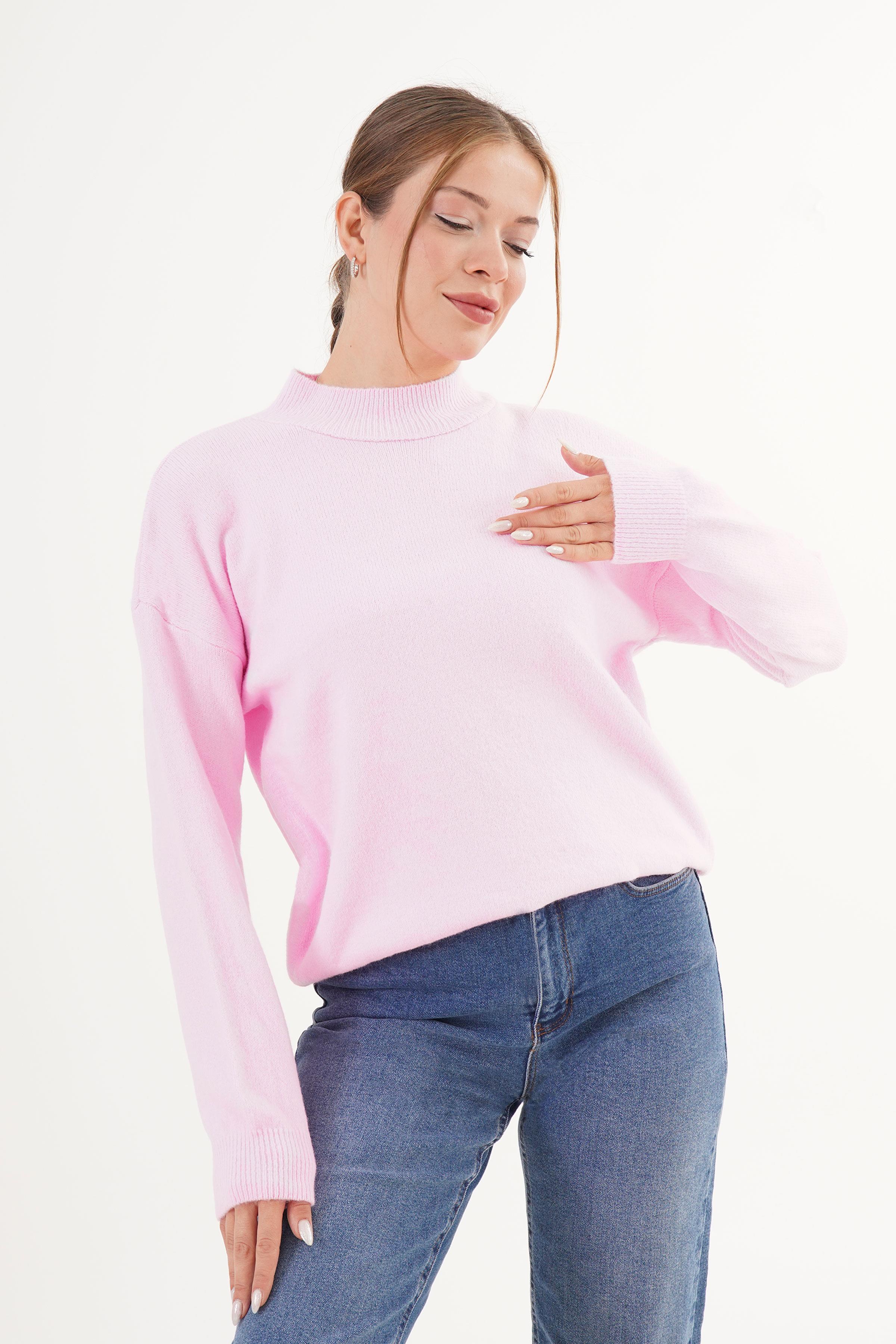 Dik Yaka Trend Toptan Pembe Triko Kazak