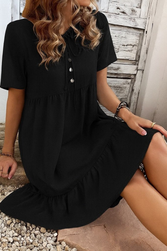 Women's Short Sleeve Collared Lace-up Button-Front Ruffle Patterned Supreme Dress, 26746