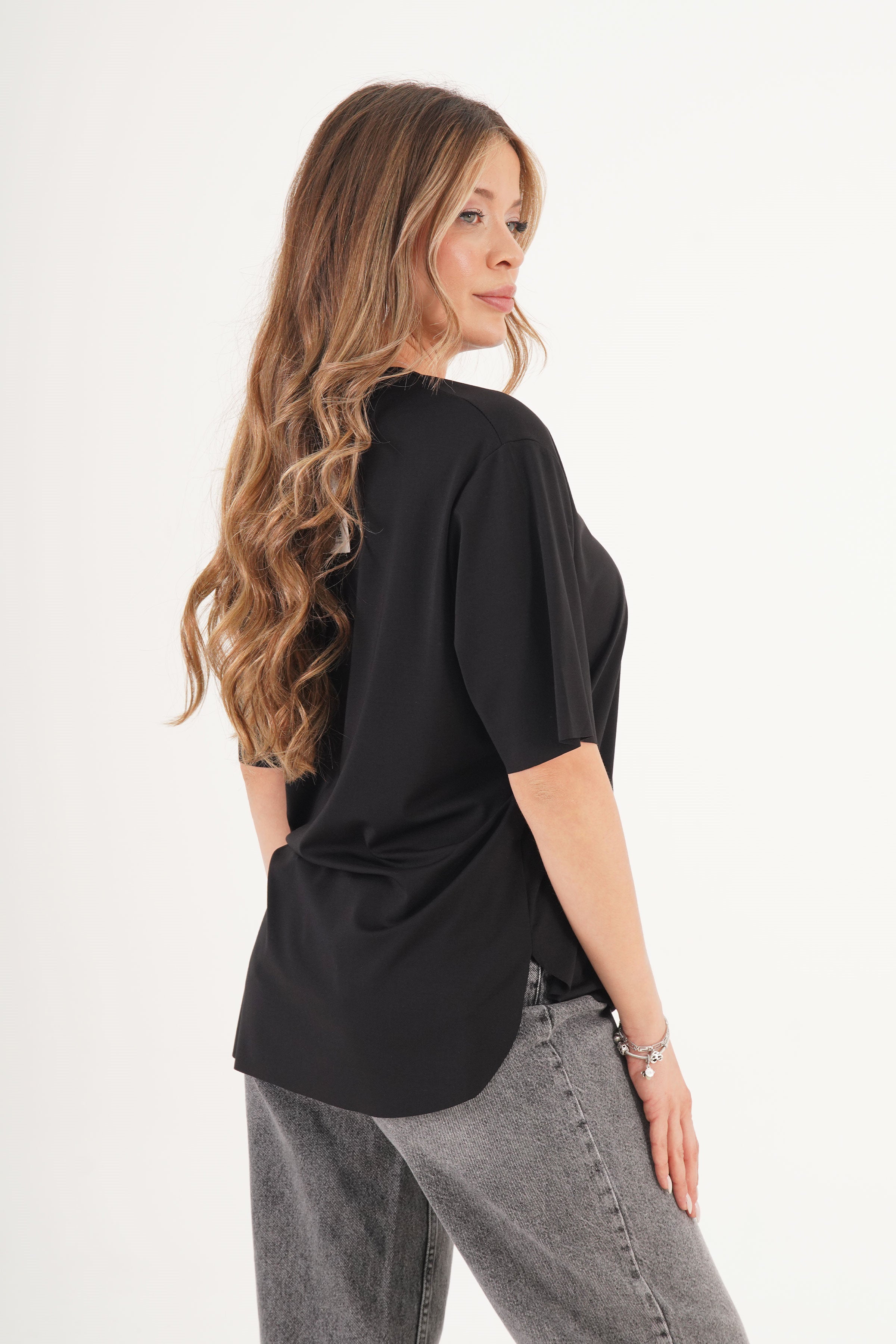 Dikişsiz V Yaka Basic Toptan Siyah Tişört