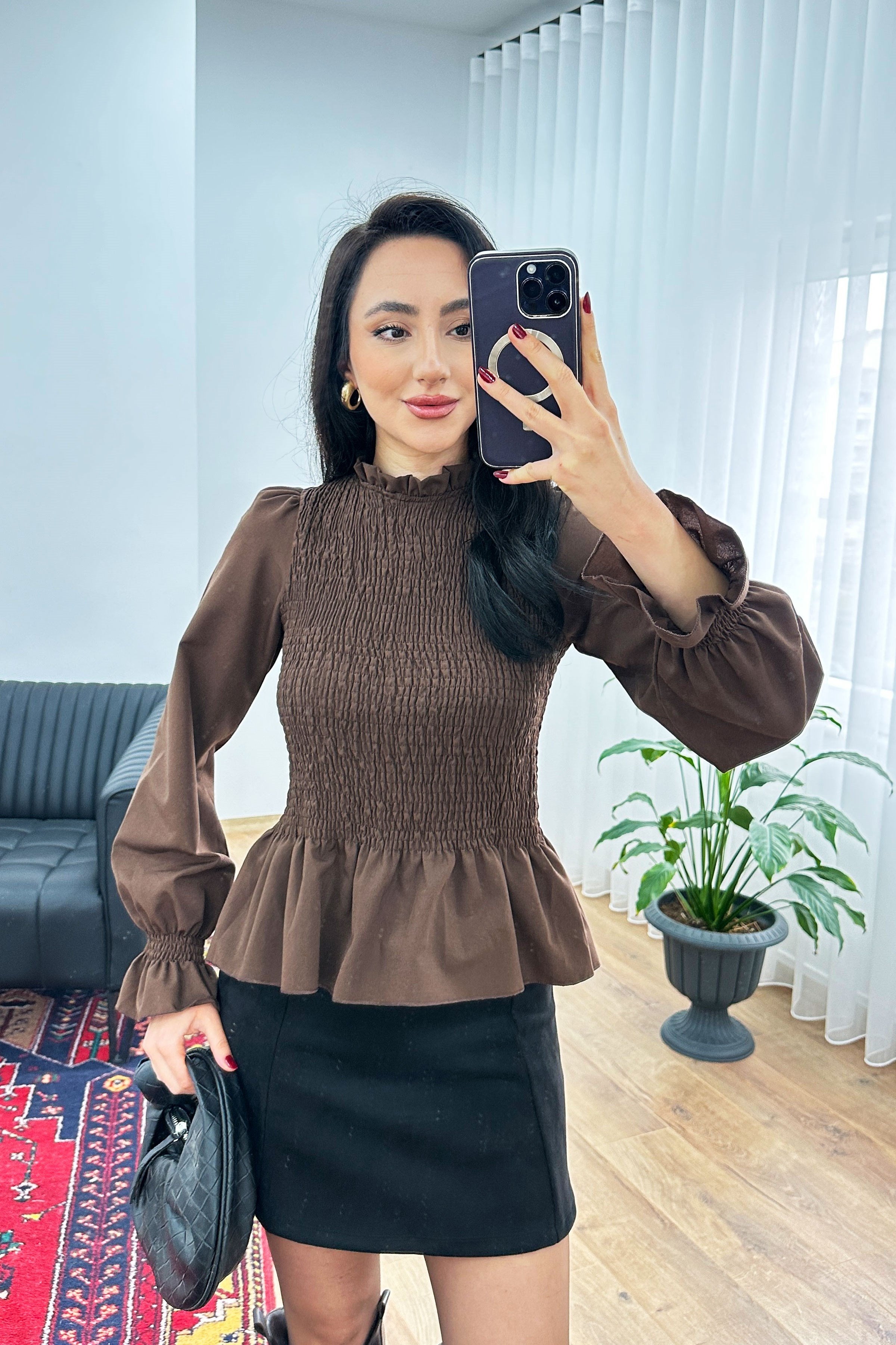 Komple Gipeli Dik Yaka Kahve Toptan Bluz Kahverengi S