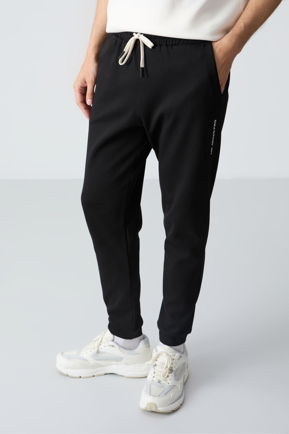 Ekru Siyah Pamuklu Kalın Yumuşak Dokulu Oversize Fit Basic Erkek Eşofman Takım - 85261