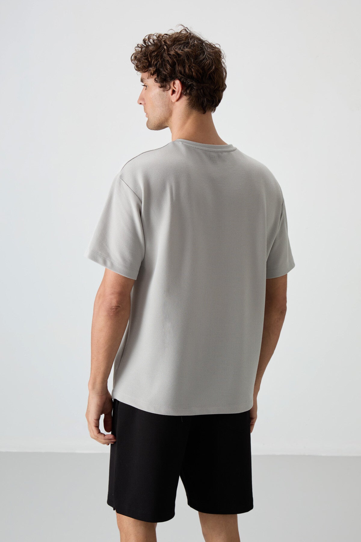 Taş Waffle İnterlok Yüzeyi Dokulu Oversize Fit Basic Erkek T-Shirt - 88379