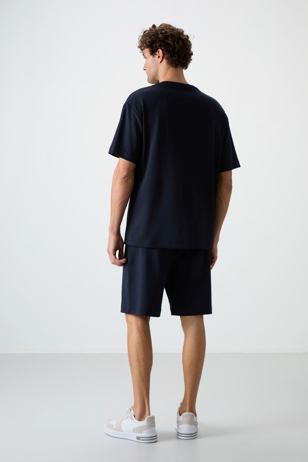 Lacivert Pamuklu Kalın Yumuşak Dokulu Oversize Fit Nakışlı Erkek Şort Takım - 85250