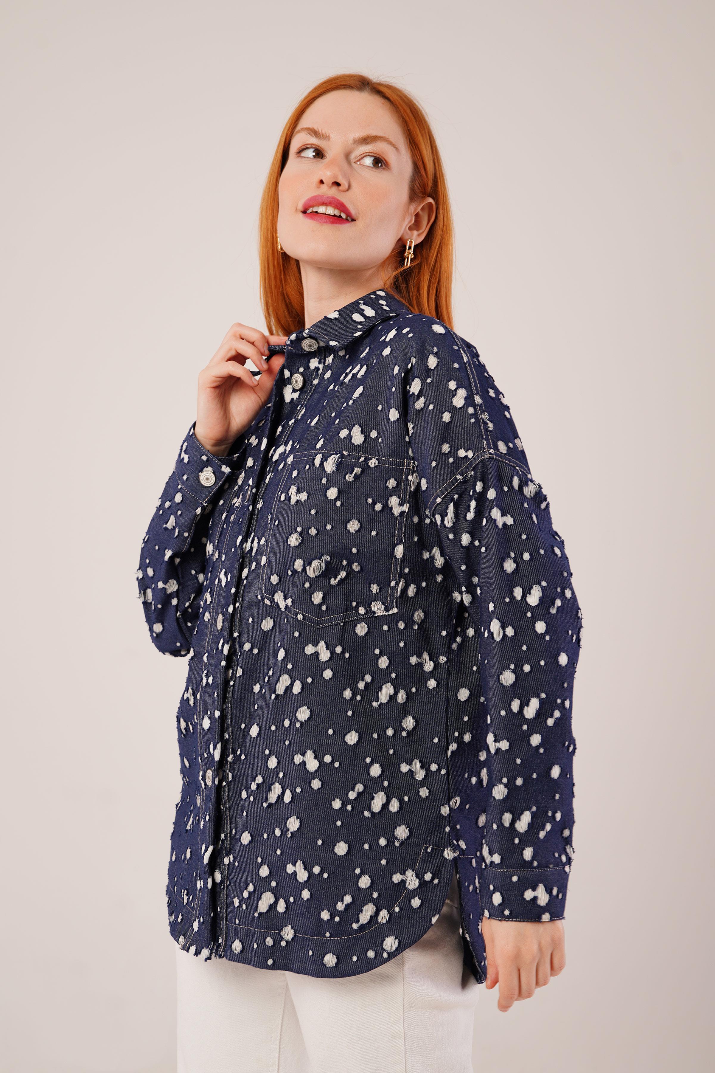 Eskitme Görünümlü Denim Toptan Mavi Gömlek