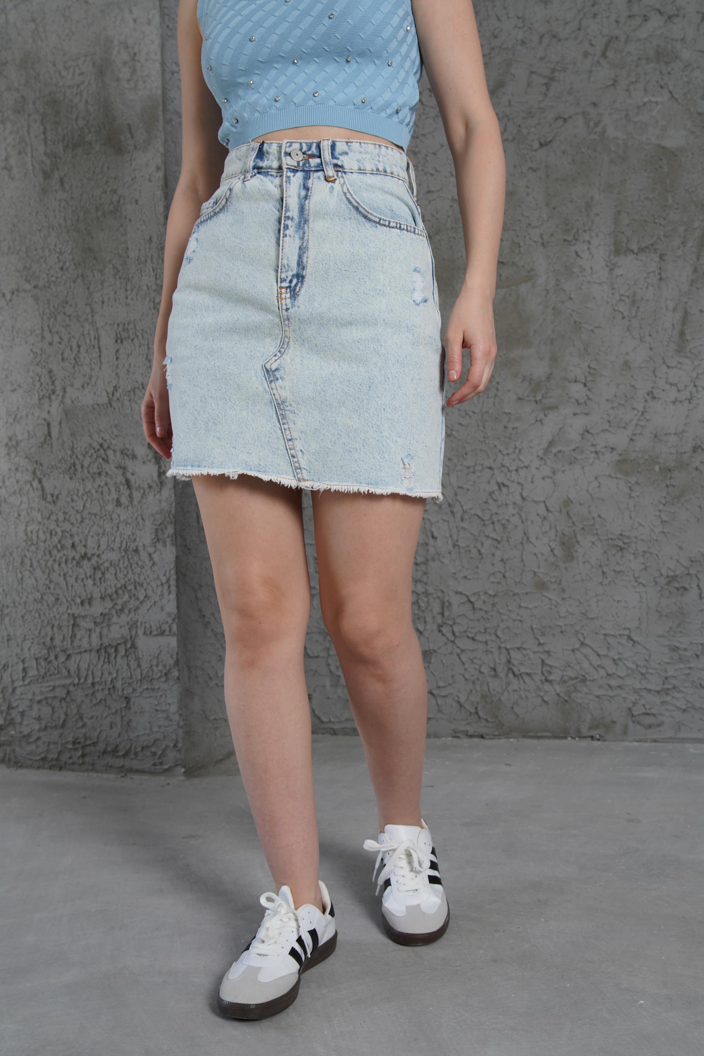 Eteği Püskül Detaylı Mavi Toptan Etek Mavi S