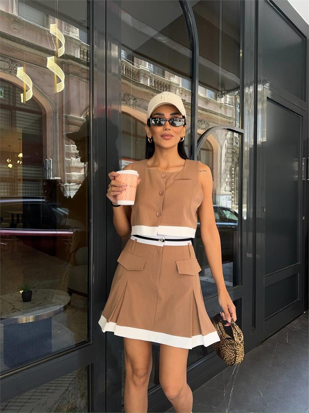 ETEKUCU ŞERİTLİ YELEK - TENİS ETEK TAKIM - Bej