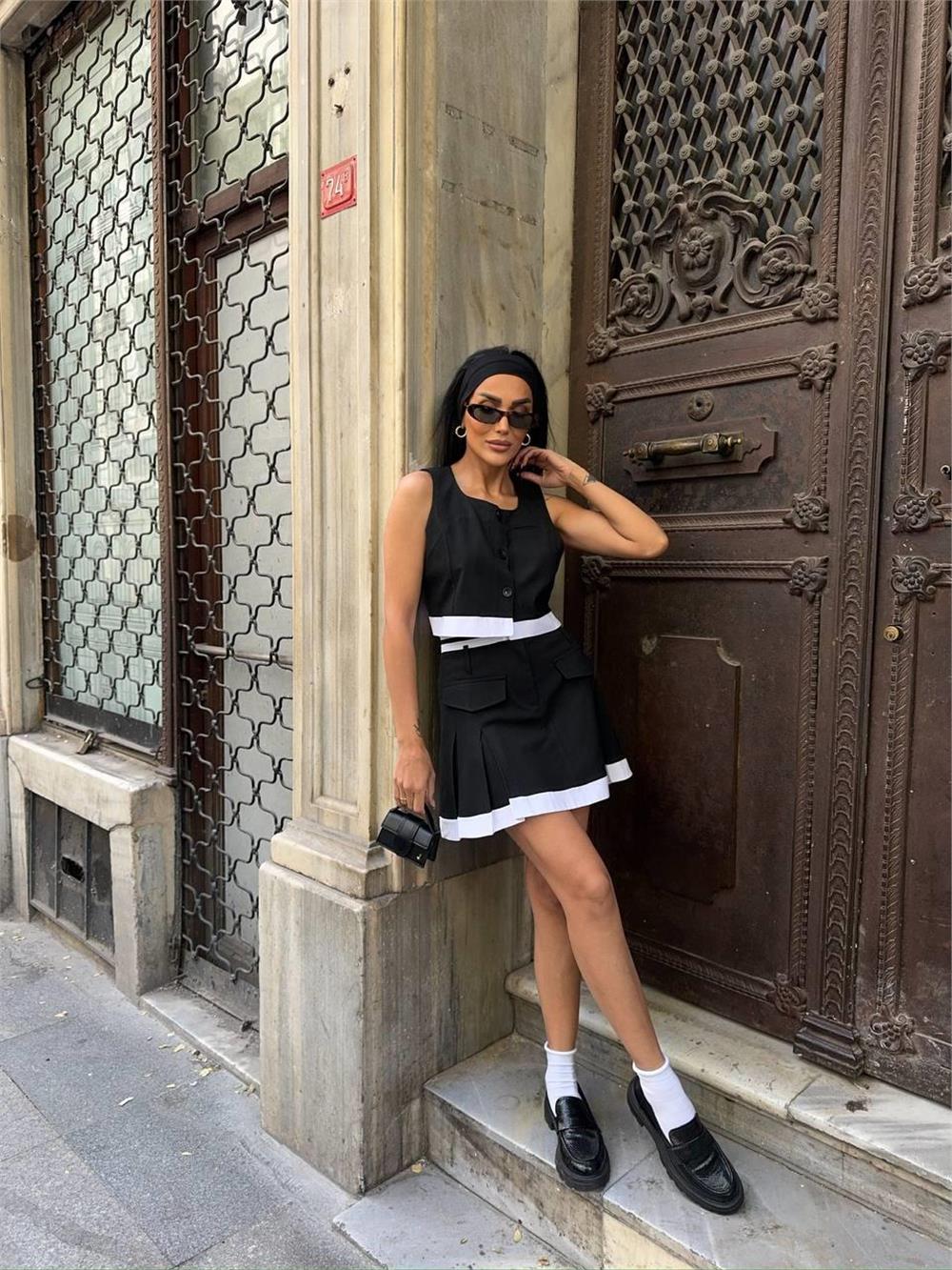 ETEKUCU ŞERİTLİ YELEK - TENİS ETEK TAKIM - Siyah