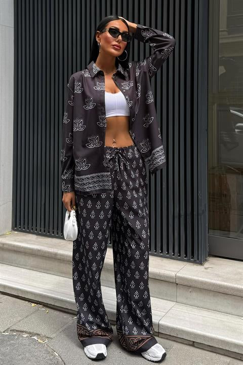 Etnik Desenli İkili Keten Takım 10120 SİYAH L