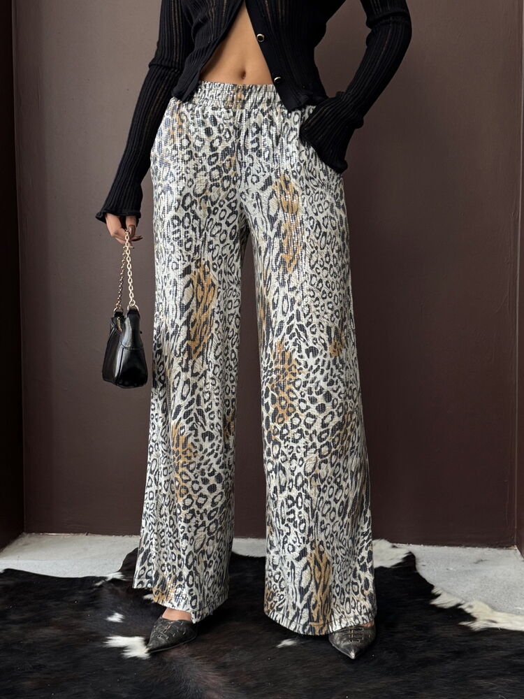 Topshow - Toptan Trend Leopar Desenli Bol Paça Pantolon - Günlük Ve Gece