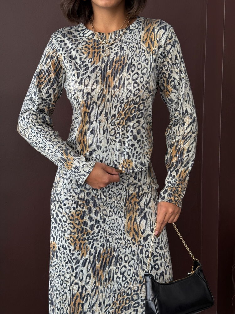 Topshow - Toptan Kadın Leopar Desen Likralı Bluz - Günlük Ve Gece Kombini