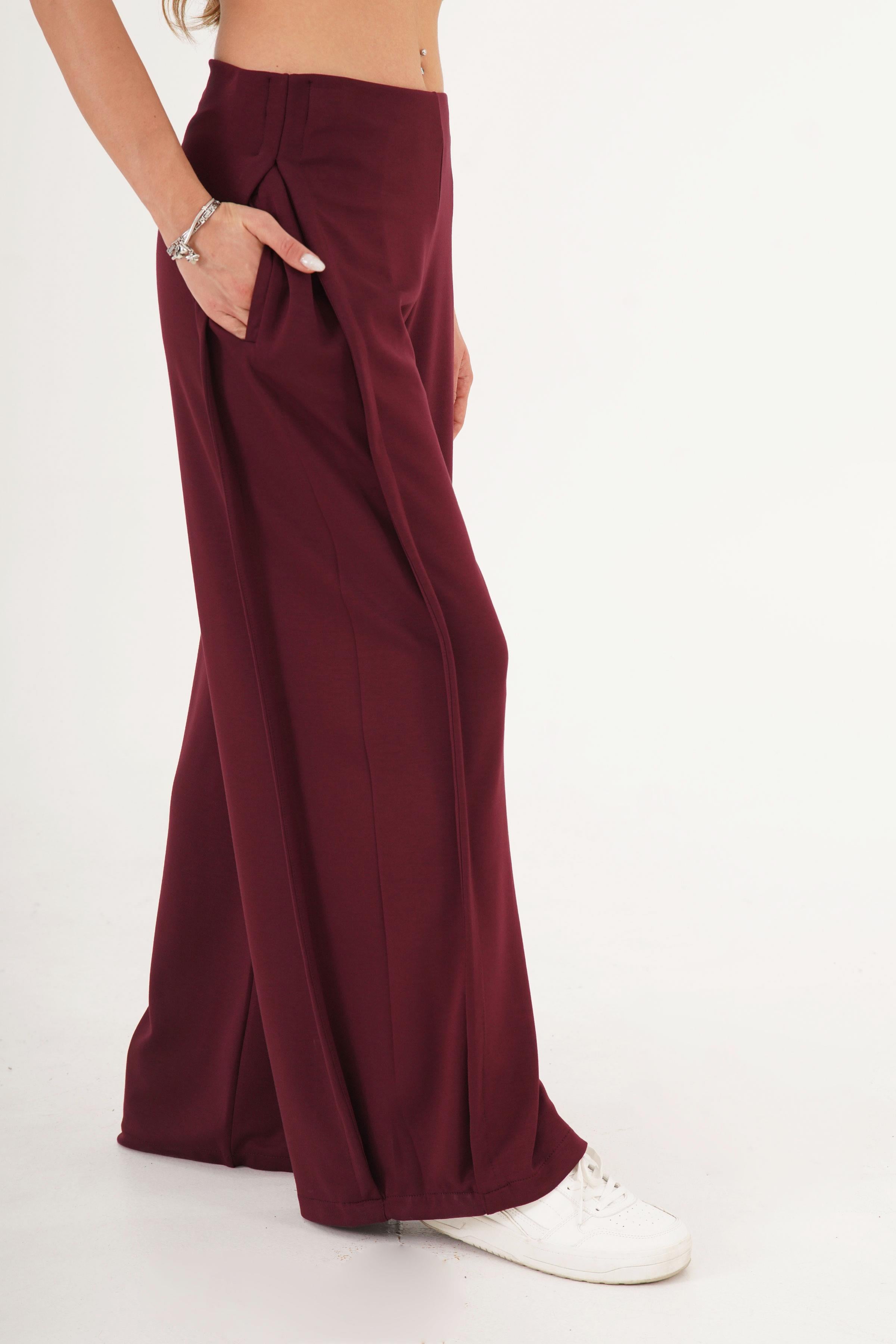 Yan Boydan Pileli Yüksek Bel Bordo Spor Pantolon Bordo S