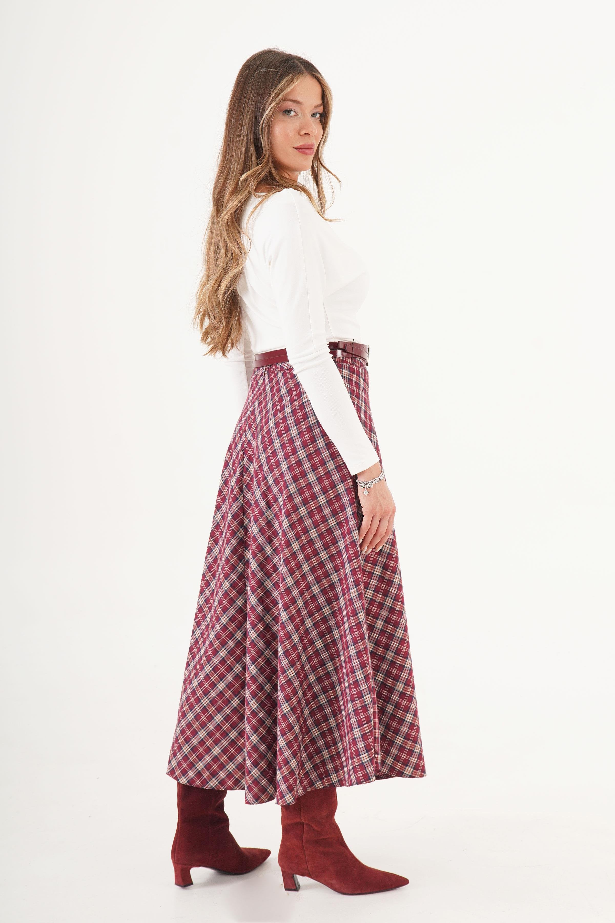 Volan Kesim Bordo Ekose Uzun Toptan Etek