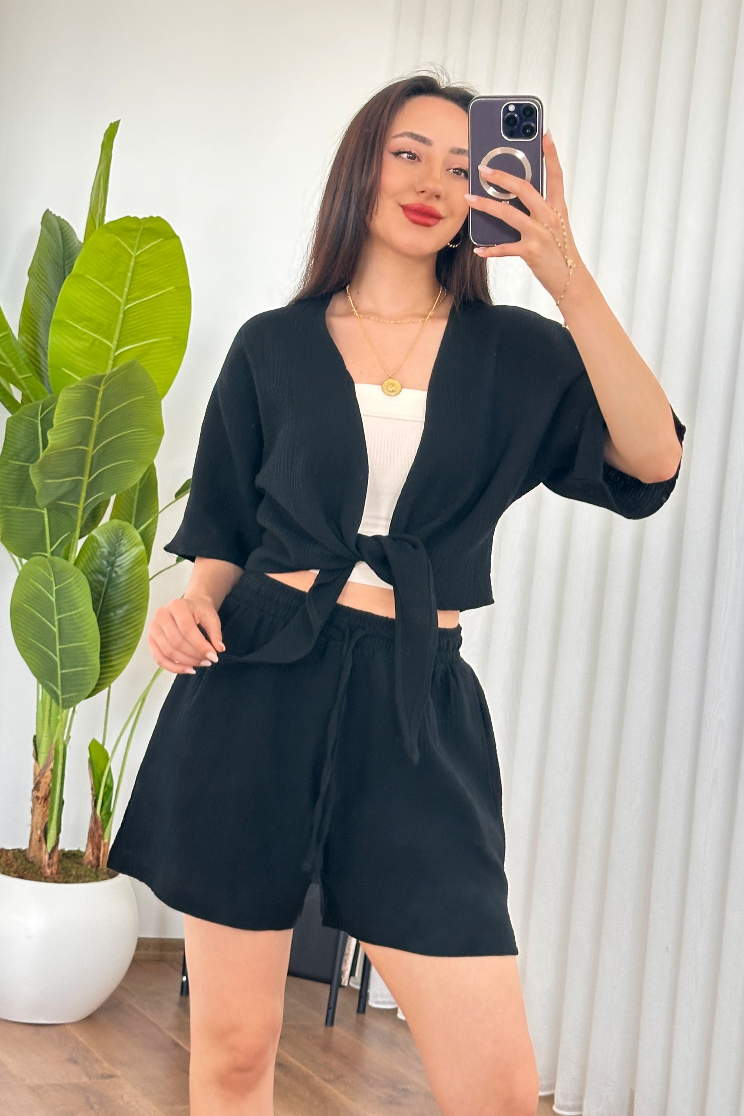 Müslin Önden Bağlamalı Kısa Model Toptan Siyah Kimono