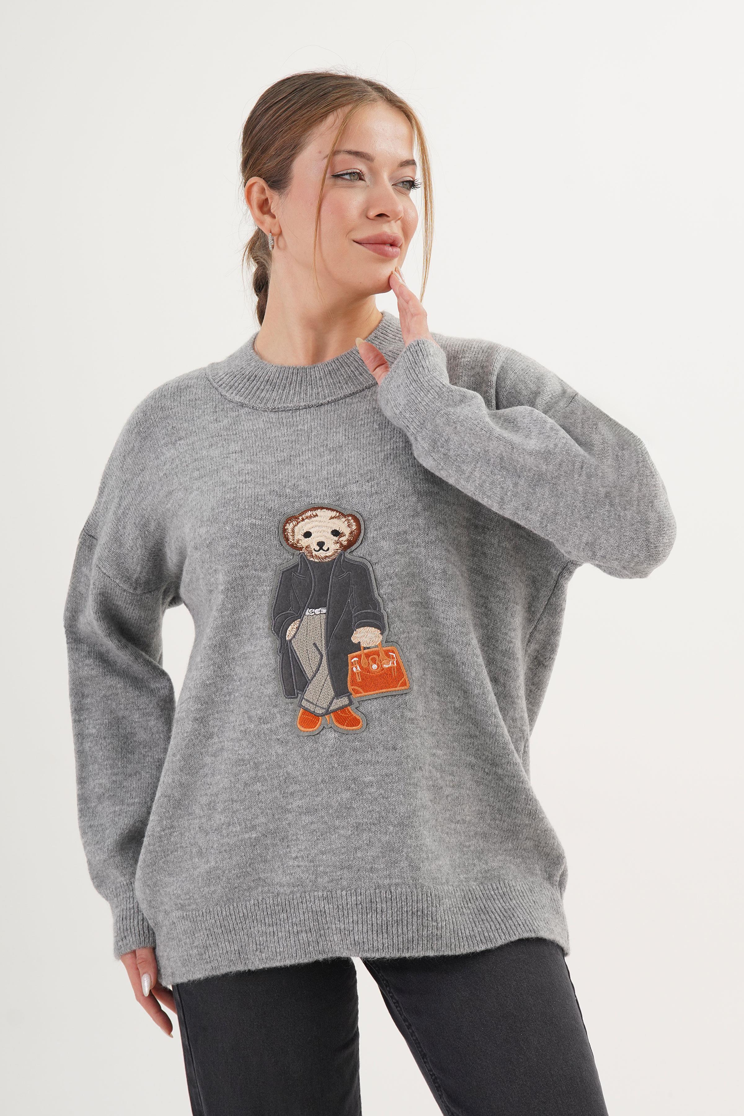 Ayıcık Nakışlı Bisiklet Yaka Toptan Gri Triko Kazak Gri STD