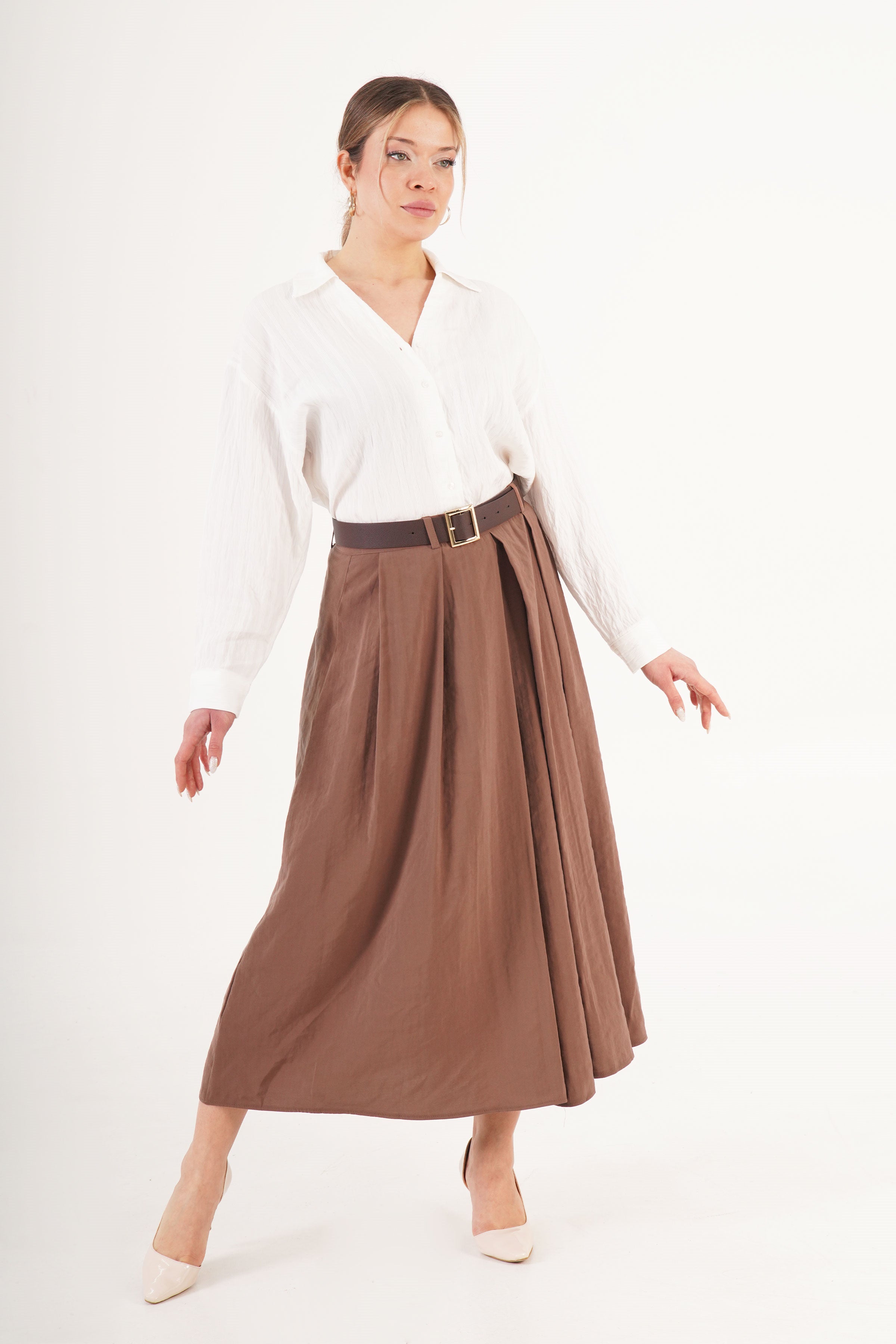 Kemerli Pilili Camel Midi Toptan Etek Camel S