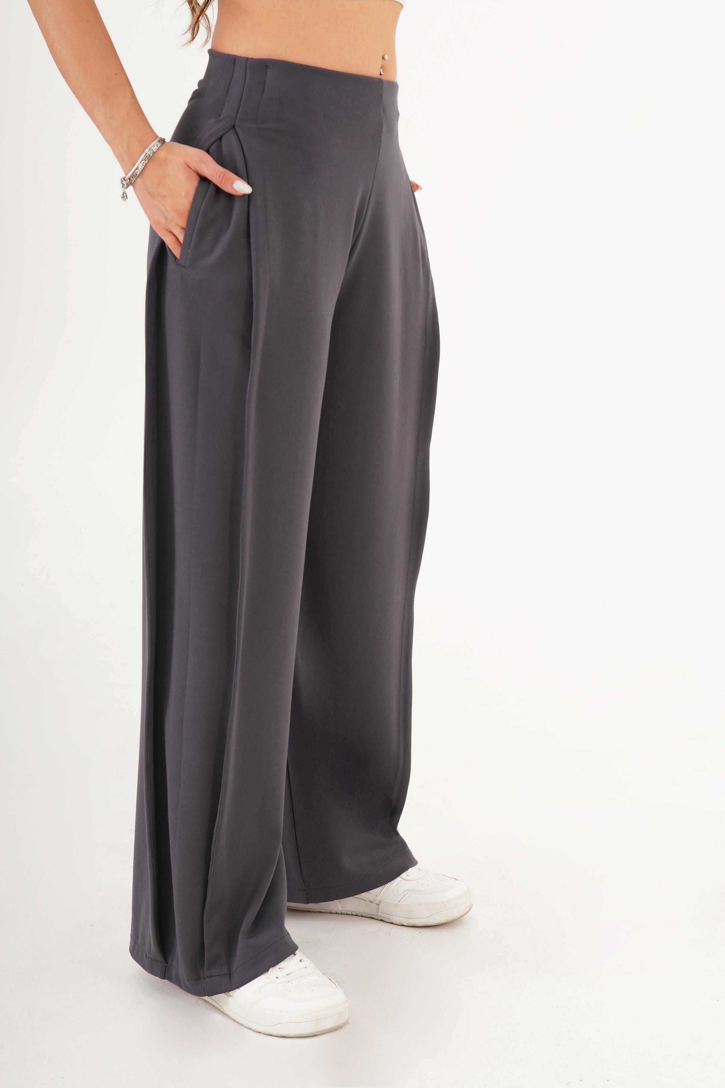 Yan Boydan Pileli Yüksek Bel Antrasit Spor Pantolon