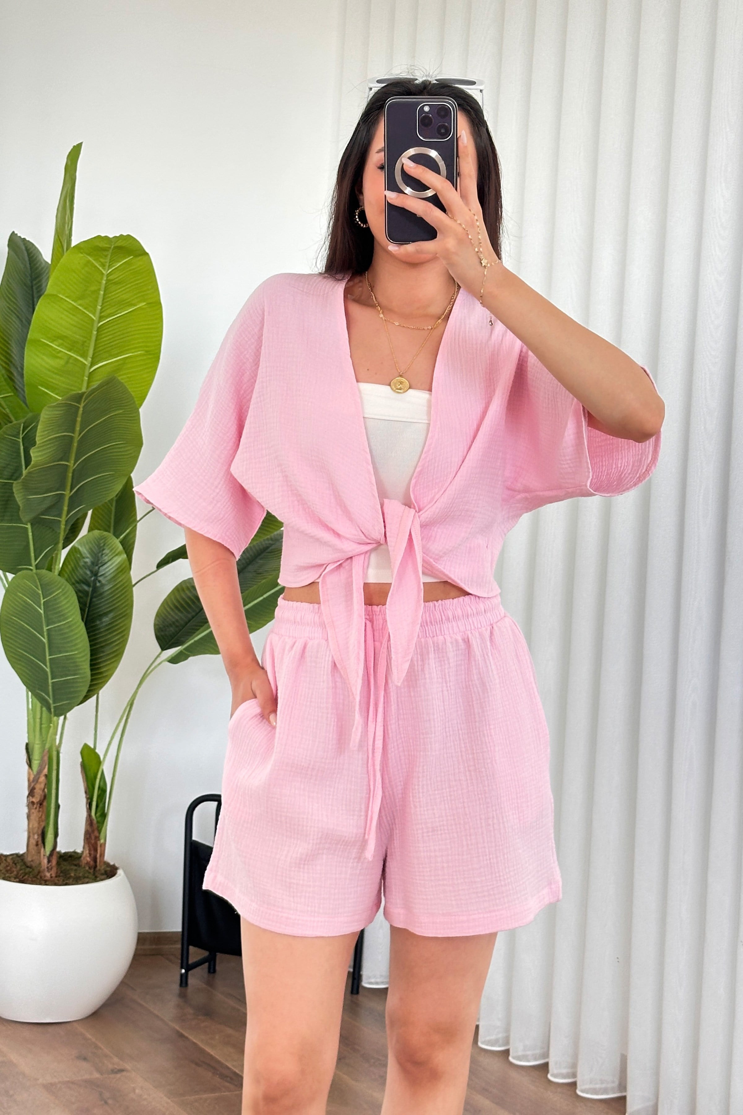 Müslin Önden Bağlamalı Kısa Model Toptan Pembe Kimono