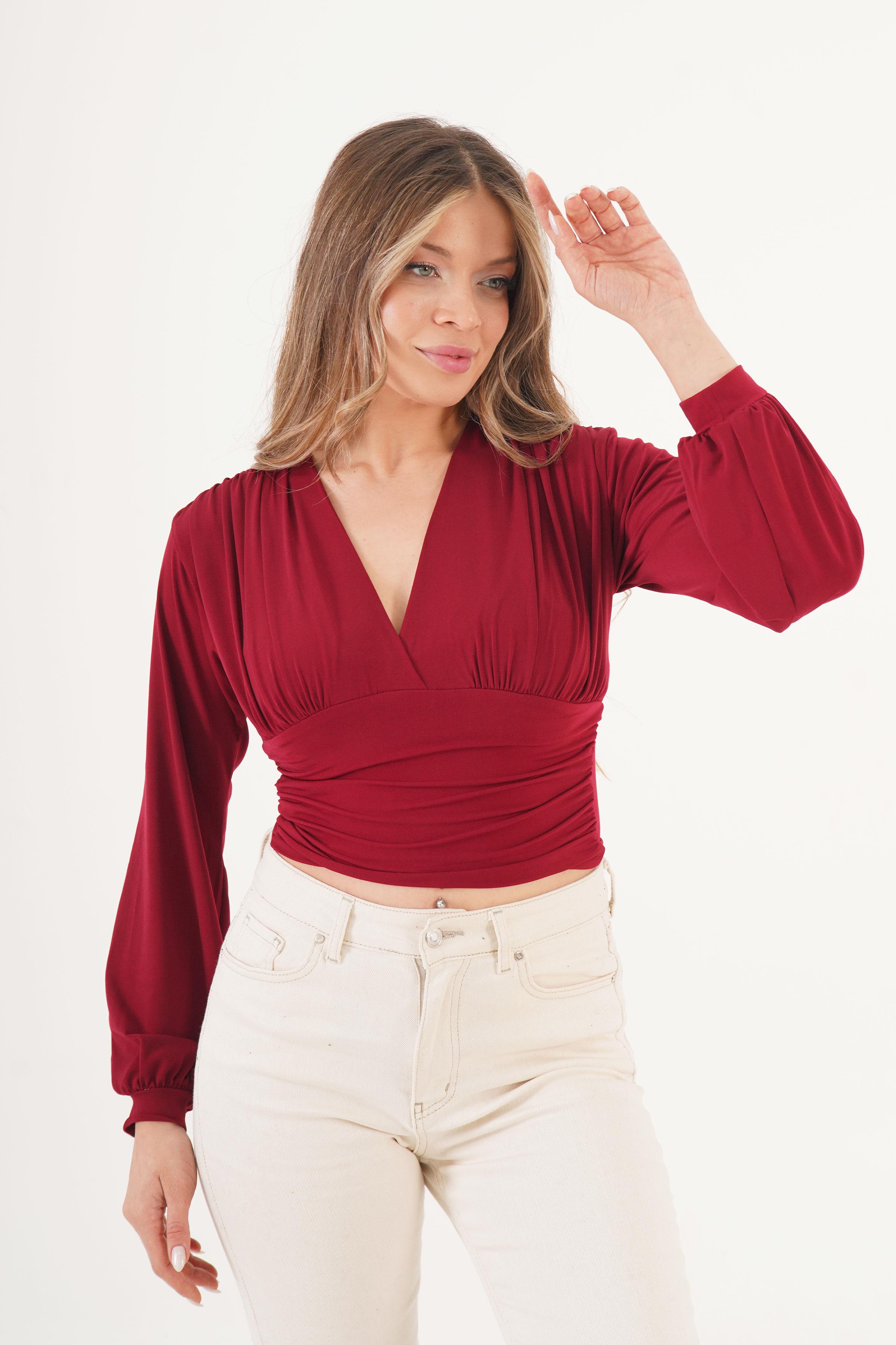 Göğüs Drapeli V Yaka Bordo Toptan Bluz