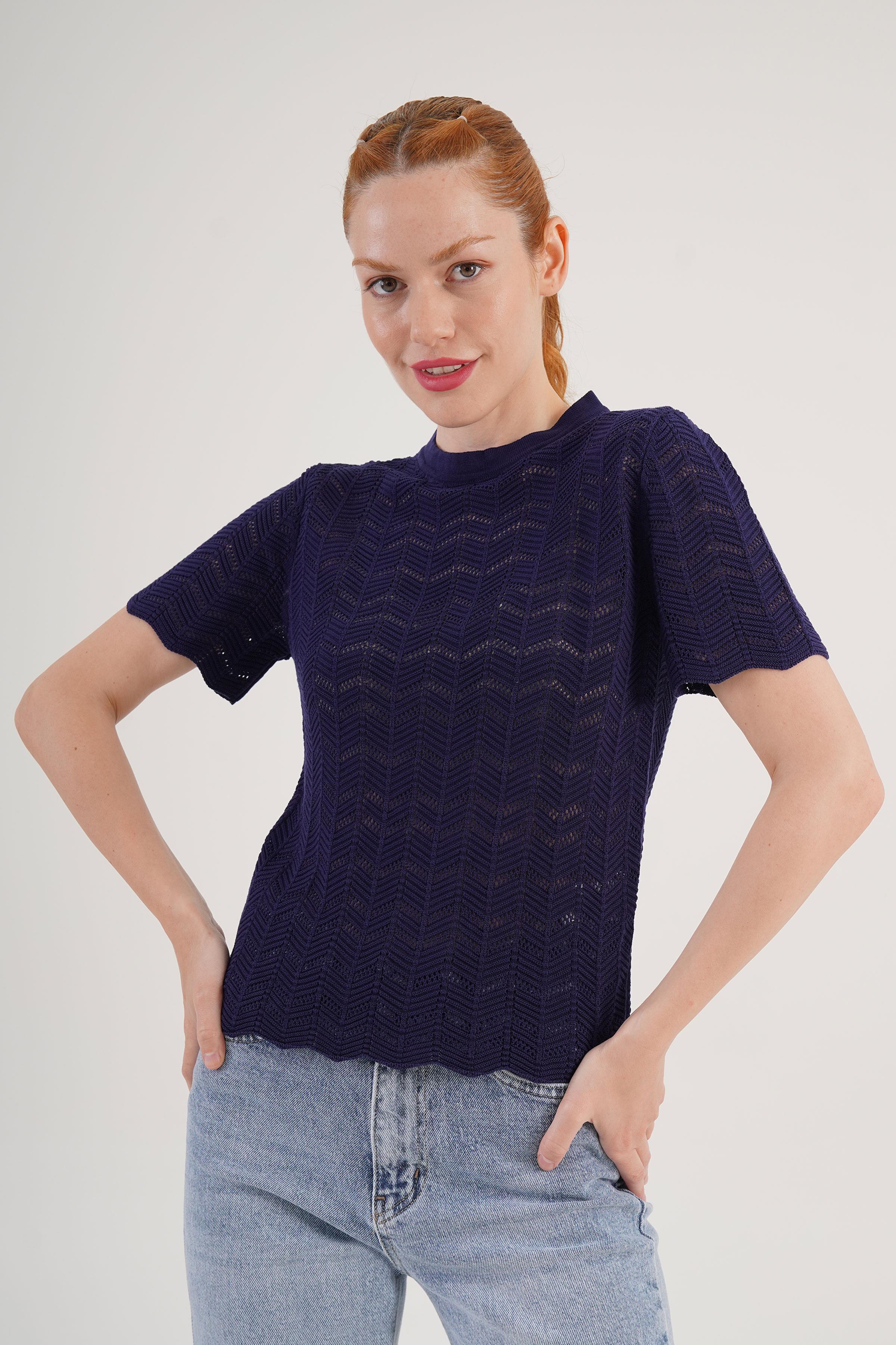 Örgü Model Kısa Kol Toptan Lacivert Triko Bluz