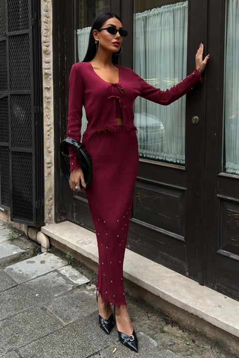 Ferry İnci Detaylı Üçlü Takım 9879 BORDO STD