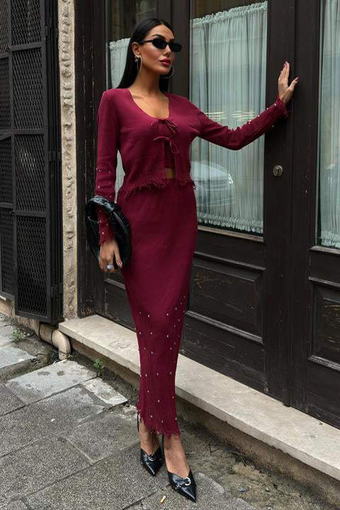 Ferry İnci Detaylı Üçlü Takım 9879 BORDO STD