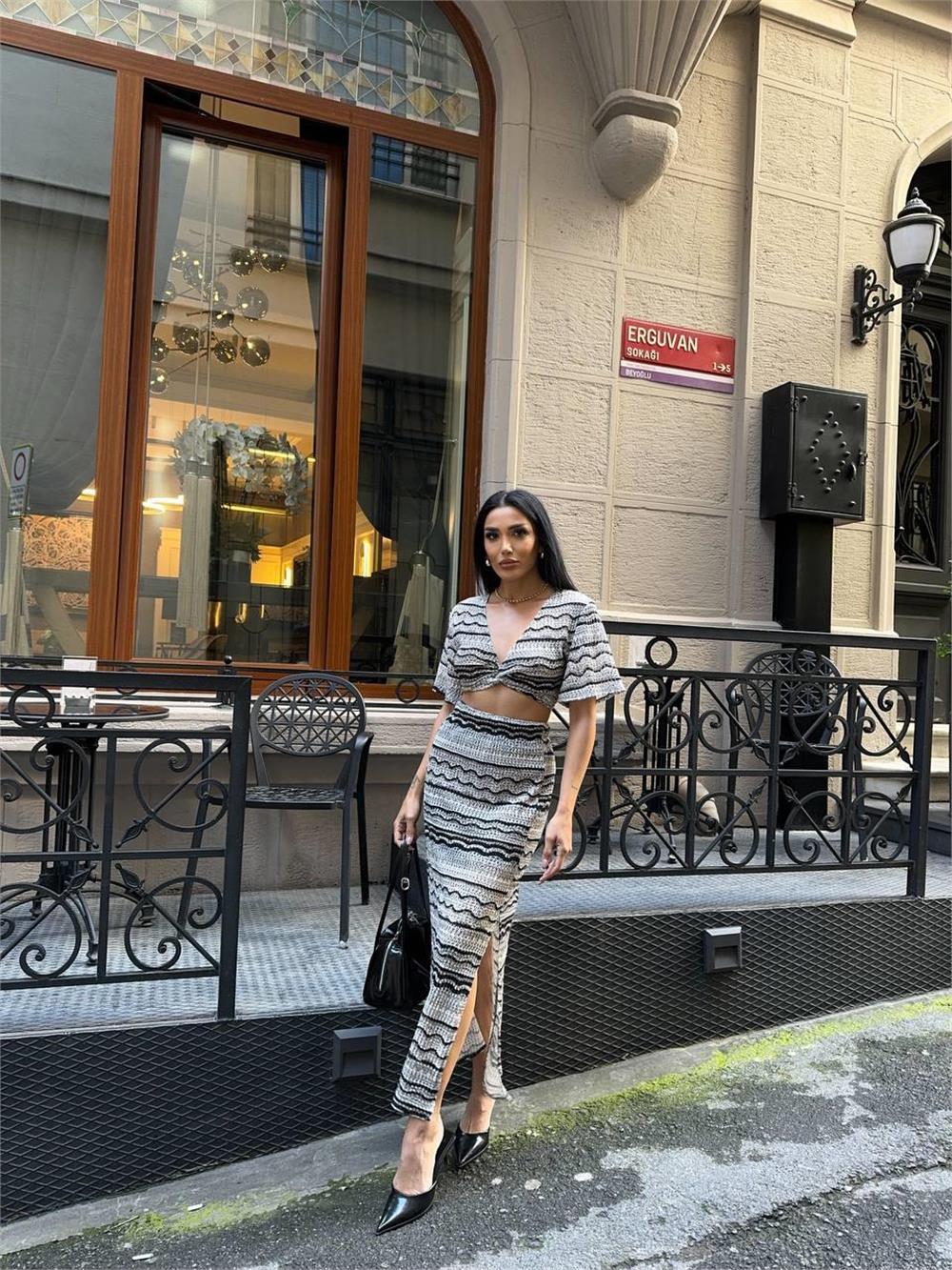 FİLE DANTEL BLUZ - YIRTMAÇLI ETEK TAKIM - Bej