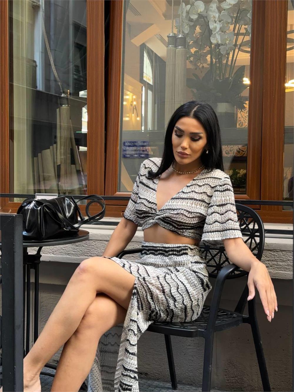 FİLE DANTEL BLUZ - YIRTMAÇLI ETEK TAKIM - Bej