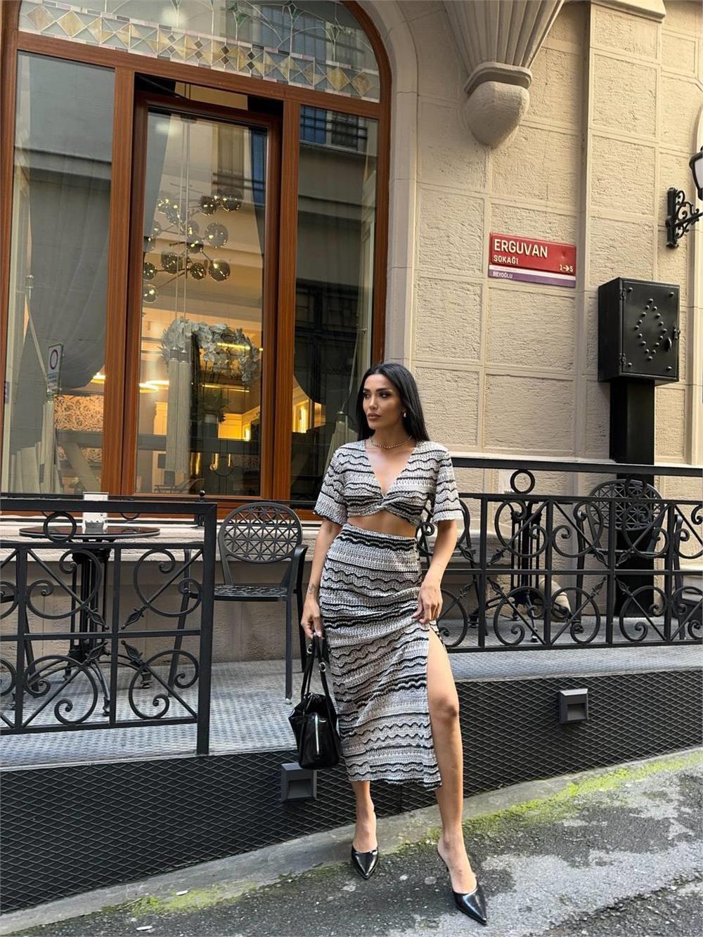 FİLE DANTEL BLUZ - YIRTMAÇLI ETEK TAKIM - Bej