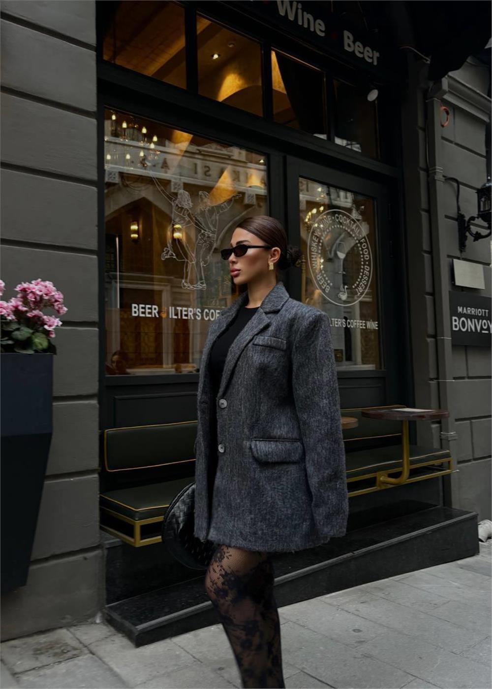 FIRÇALI KAŞE BOYFRİEND BLAZER CEKET - Gri