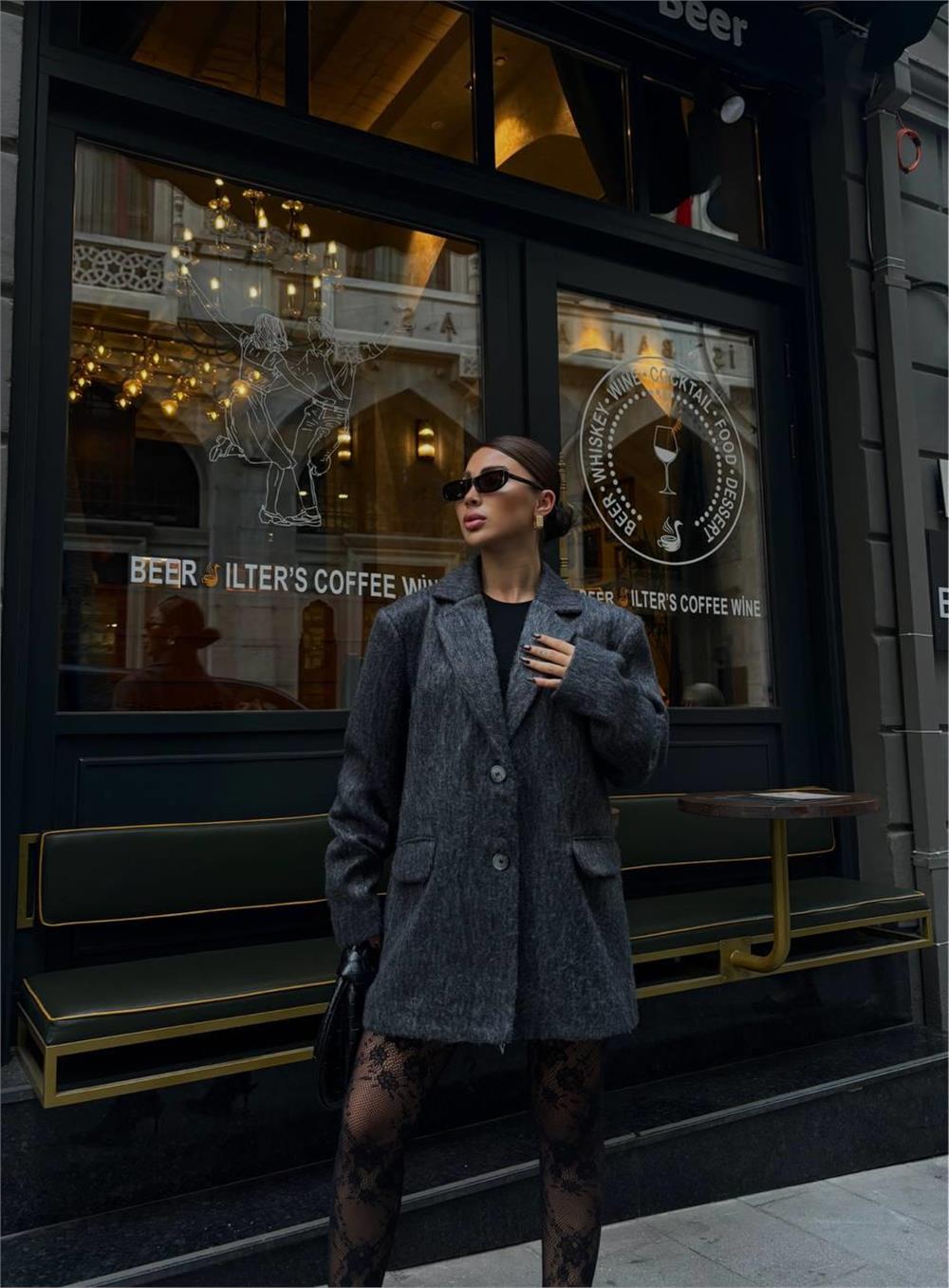 FIRÇALI KAŞE BOYFRİEND BLAZER CEKET - Gri