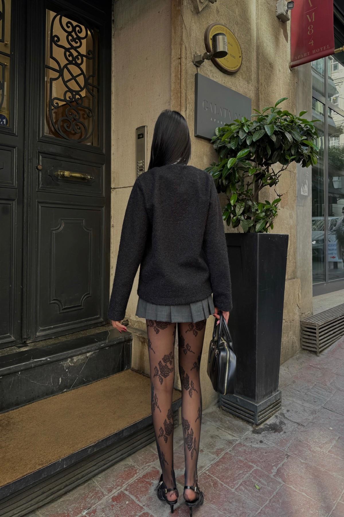 FIRÇALI KAŞE CROP CEKET - Siyah