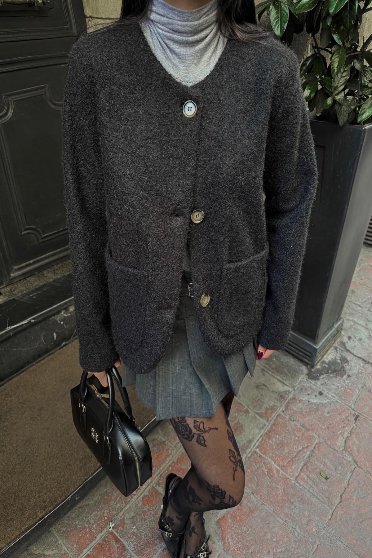 FIRÇALI KAŞE CROP CEKET - Siyah