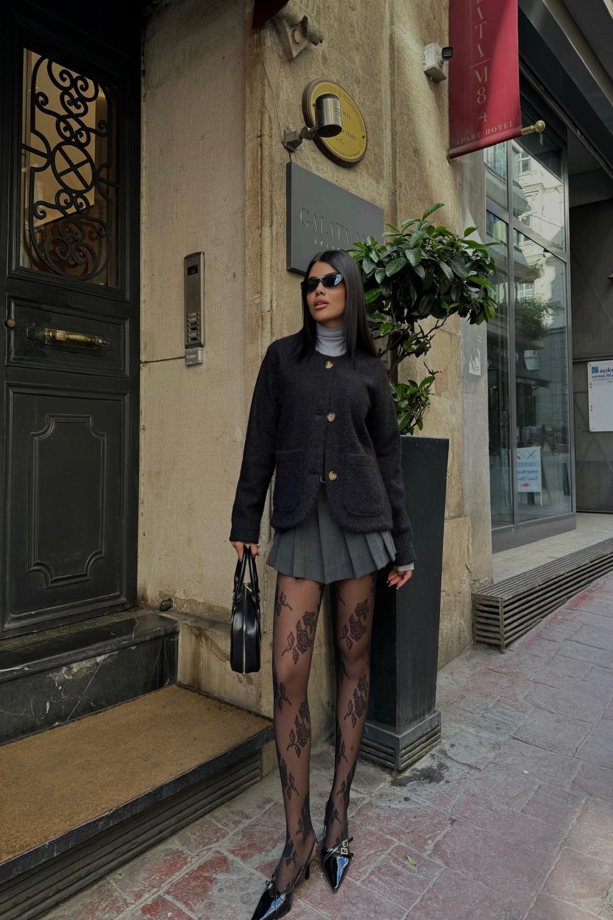 FIRÇALI KAŞE CROP CEKET - Siyah