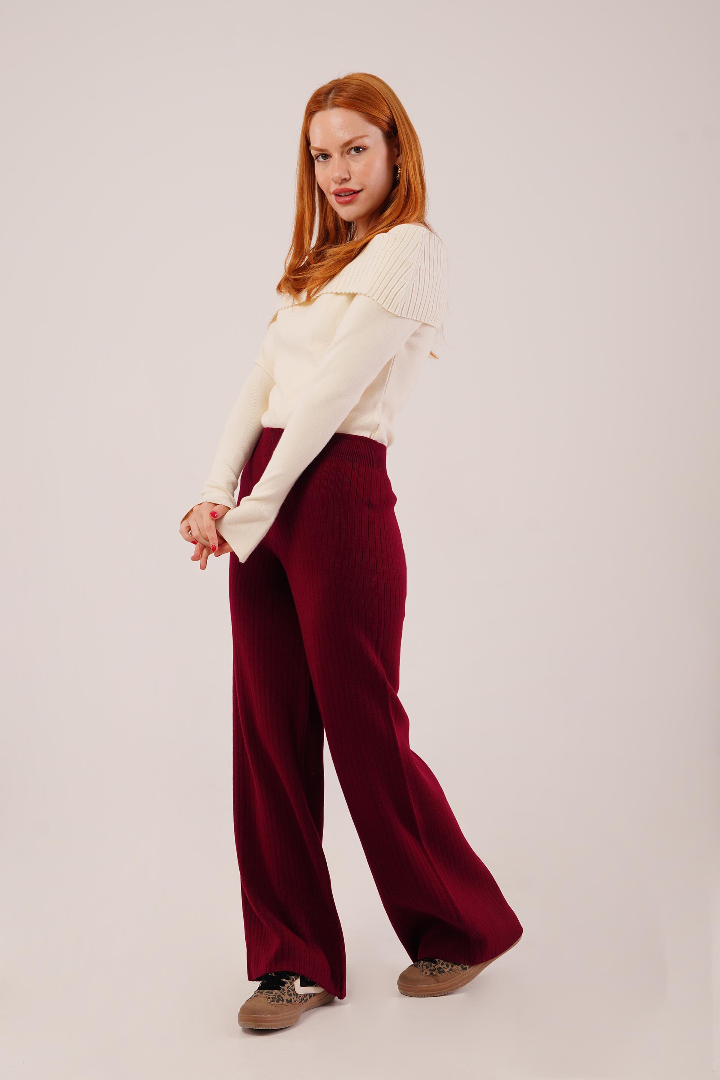 Fitilli Bel Lastikli Bol Paça Bordo Toptan Triko Pantolon